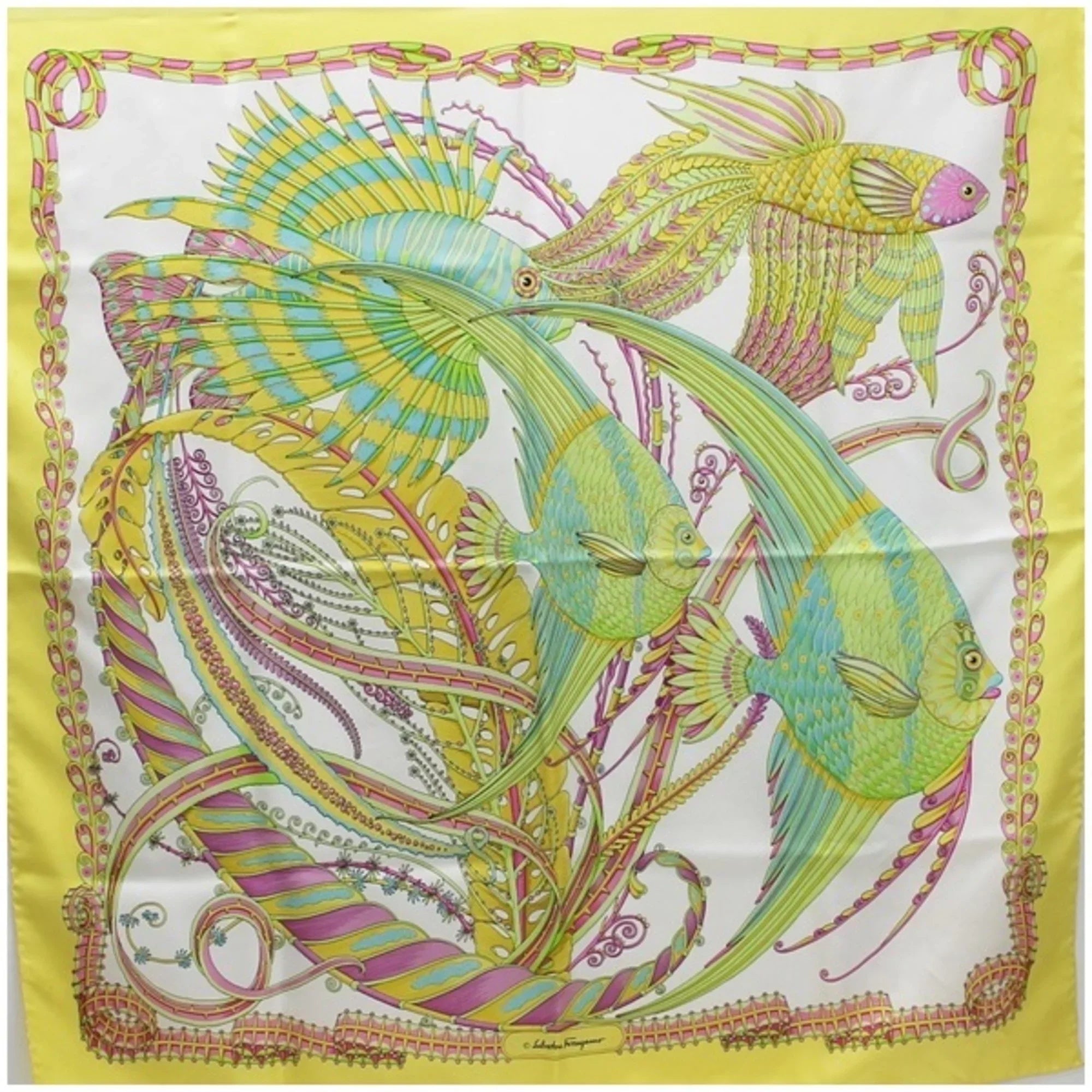 Pre-Owned Salvatore Ferragamo silk scarf tropical fish white x yellow SALVATORE FERRAGAMO ladies (Good)