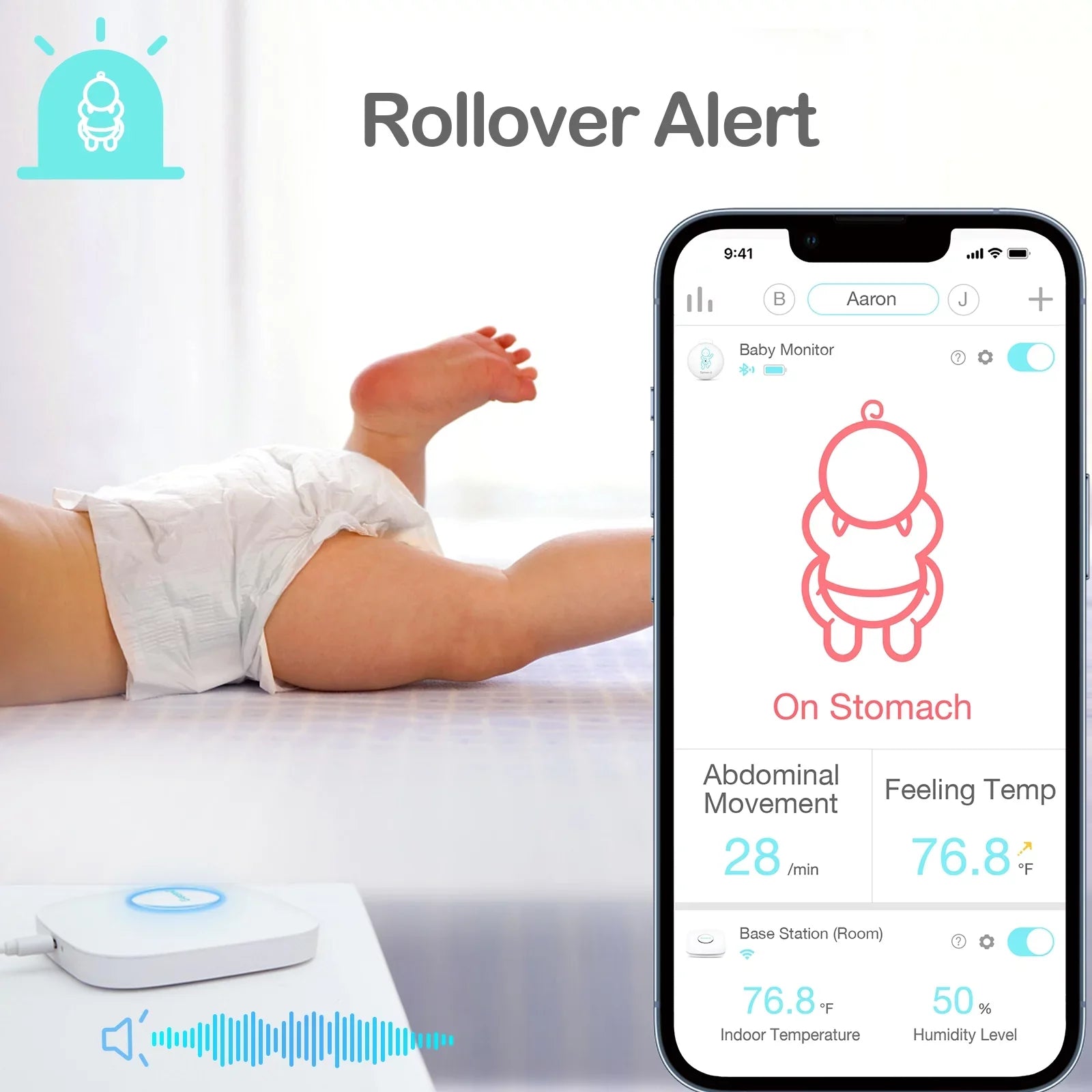 Sense-U Smart Baby Abdominal Movement Monitor - Tracks Baby's Abdominal Movement, Temperature, Rollover, Sleeping Position and Humidity on Smartphone and Base Station - Anytime, Anywhere, Green