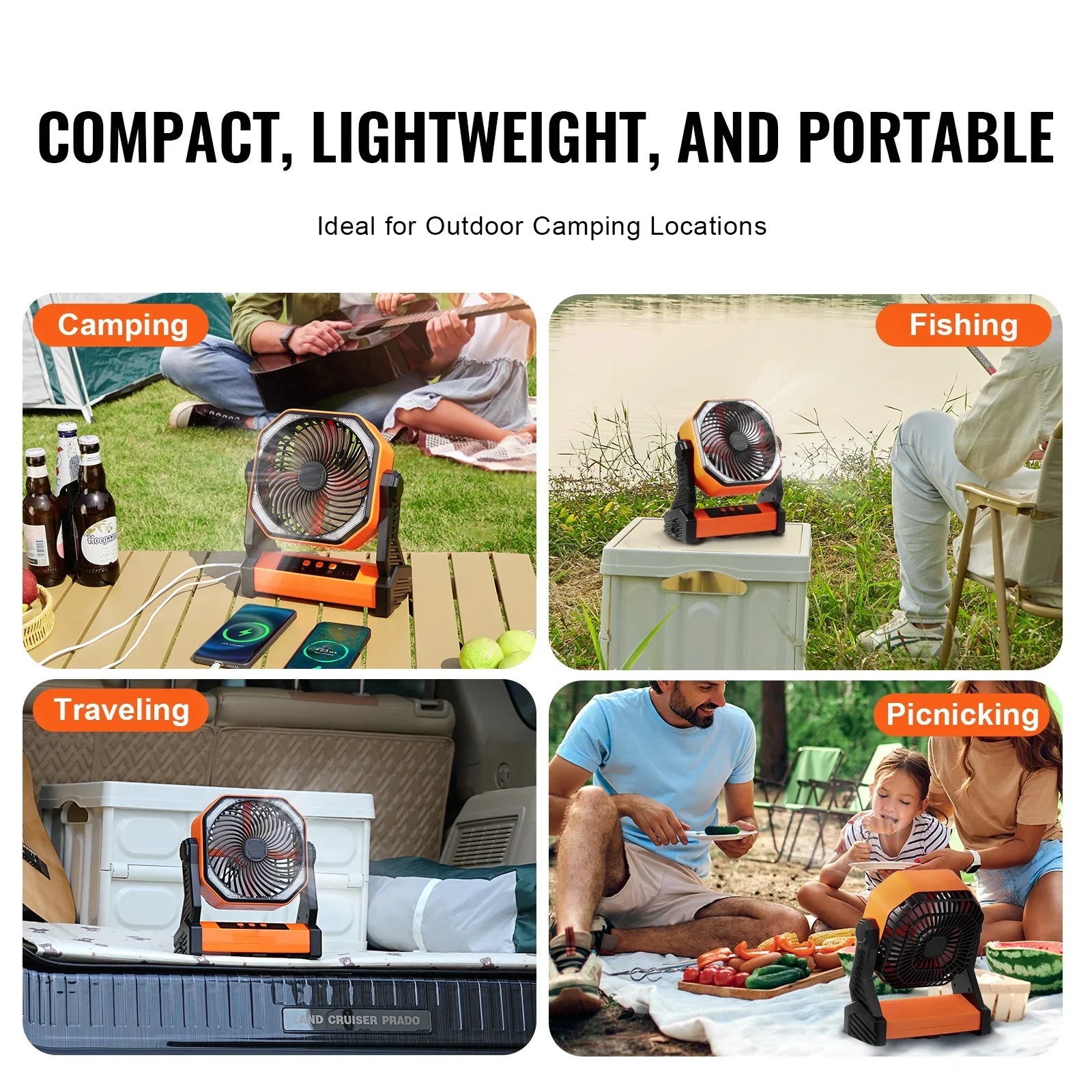 SKYSHALO 8 inch Portable Fan Rechargeable with LED Lantern 4 Speeds Adjustable