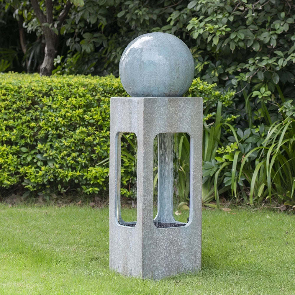CoSoTower 13X13X44" Tall Contemporary Sphere Outdoor Water Fountain, Cement/Concrete Outdoor Fountain, Antique Blue Raindrop Water Feature with Light for Garden, Lawn, Deck & Patio