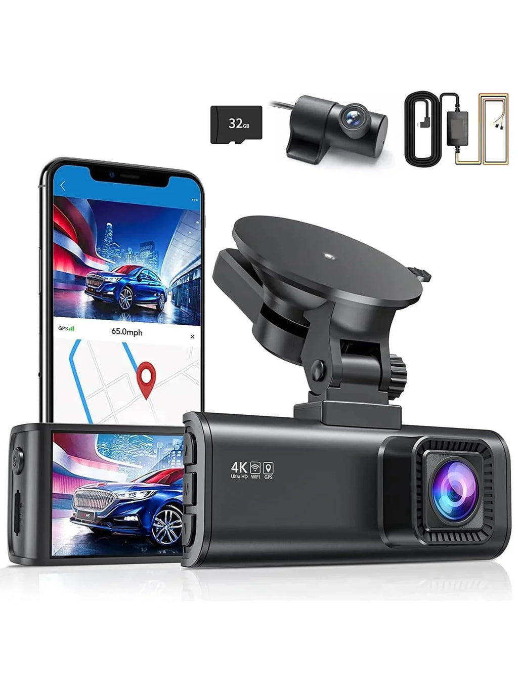 4K Dash Cam with Wi-Fi, GPS Front Camera, and Type-C Hardwire Kit