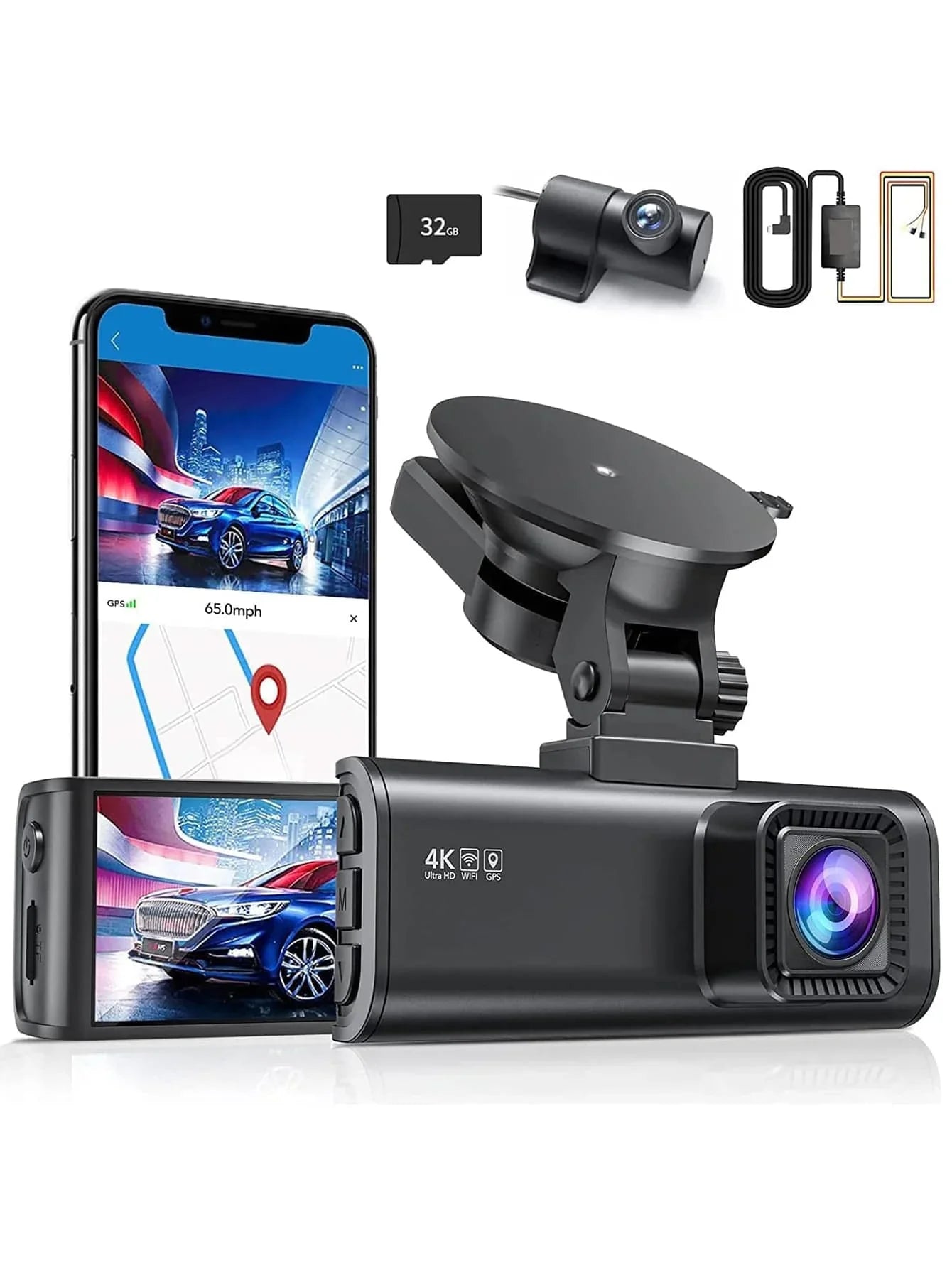 4K Dash Cam with Wi-Fi, GPS Front Camera, and Type-C Hardwire Kit