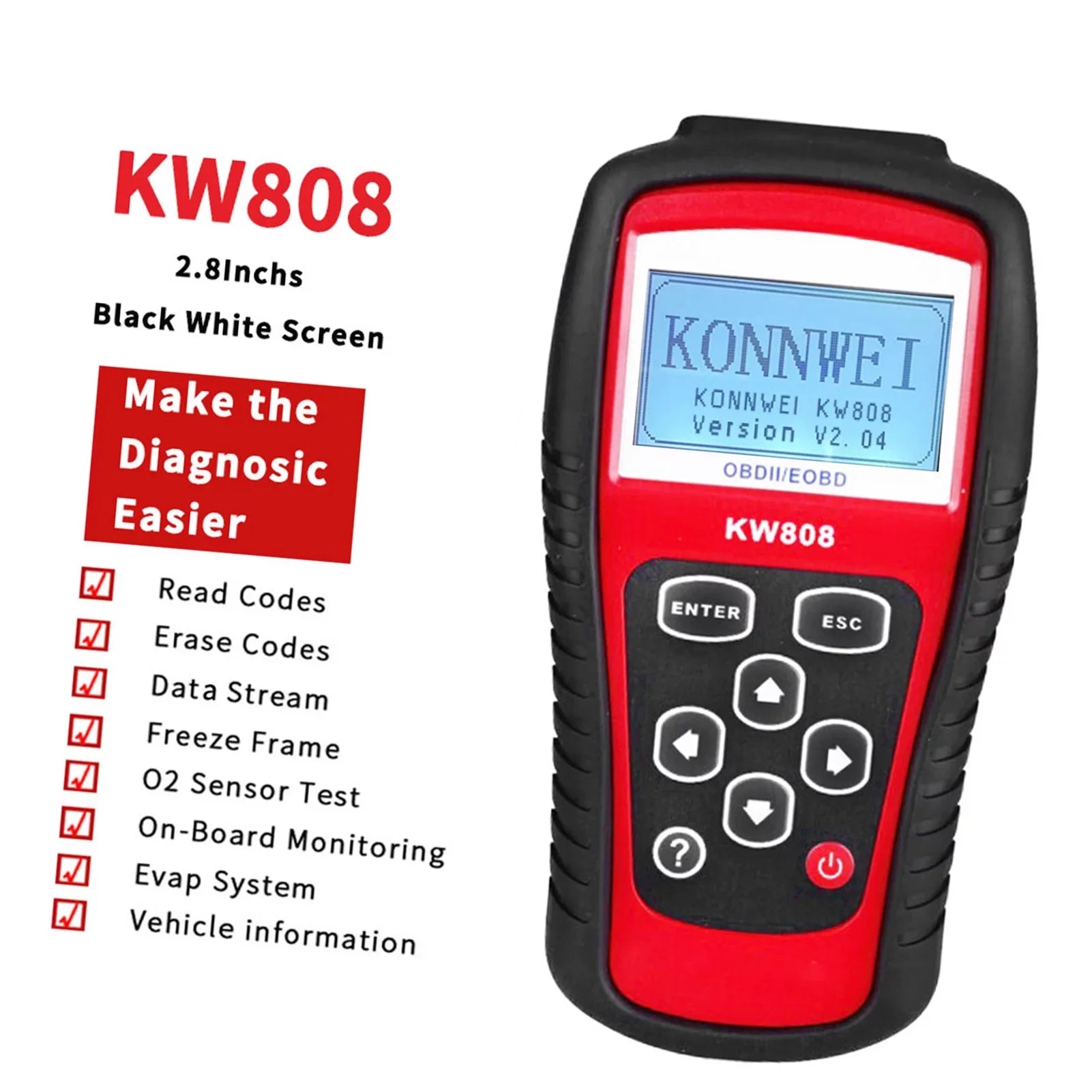 OBDII / EOBD Cars Code Reader and Auto Scanner Detection Decoder KW808