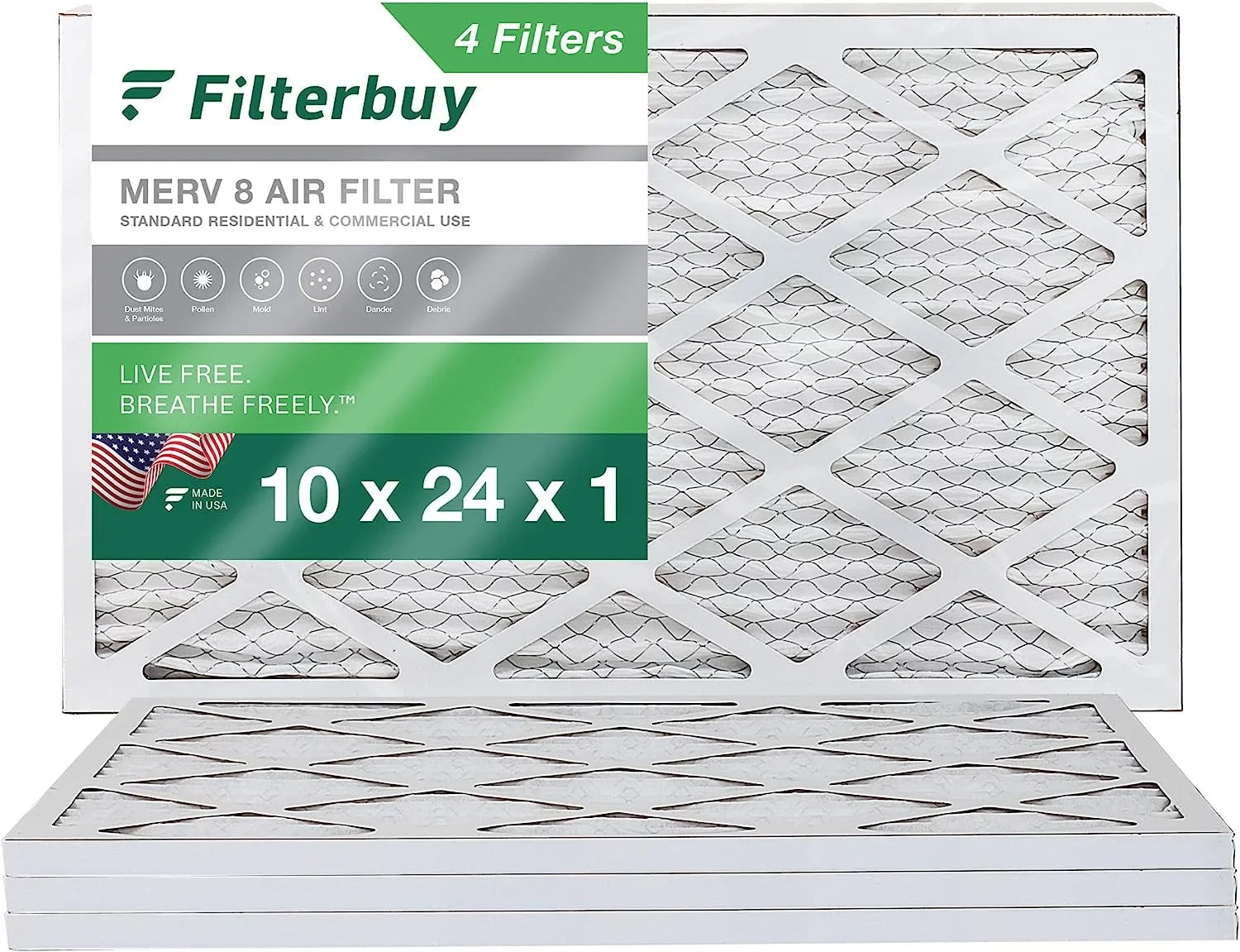 Filterbuy 10x24x1 MERV 8 Pleated HVAC AC Furnace Air Filters (4-Pack)