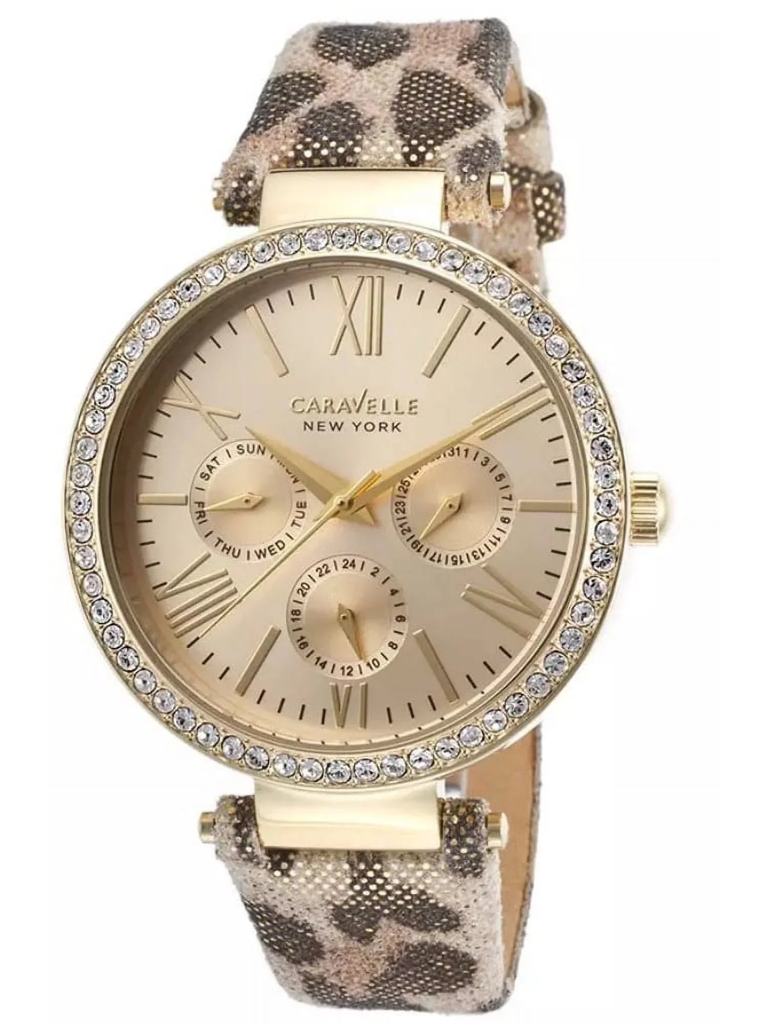 Caravelle New York Metallic Leopard Print Leather Ladies Watch 44N103