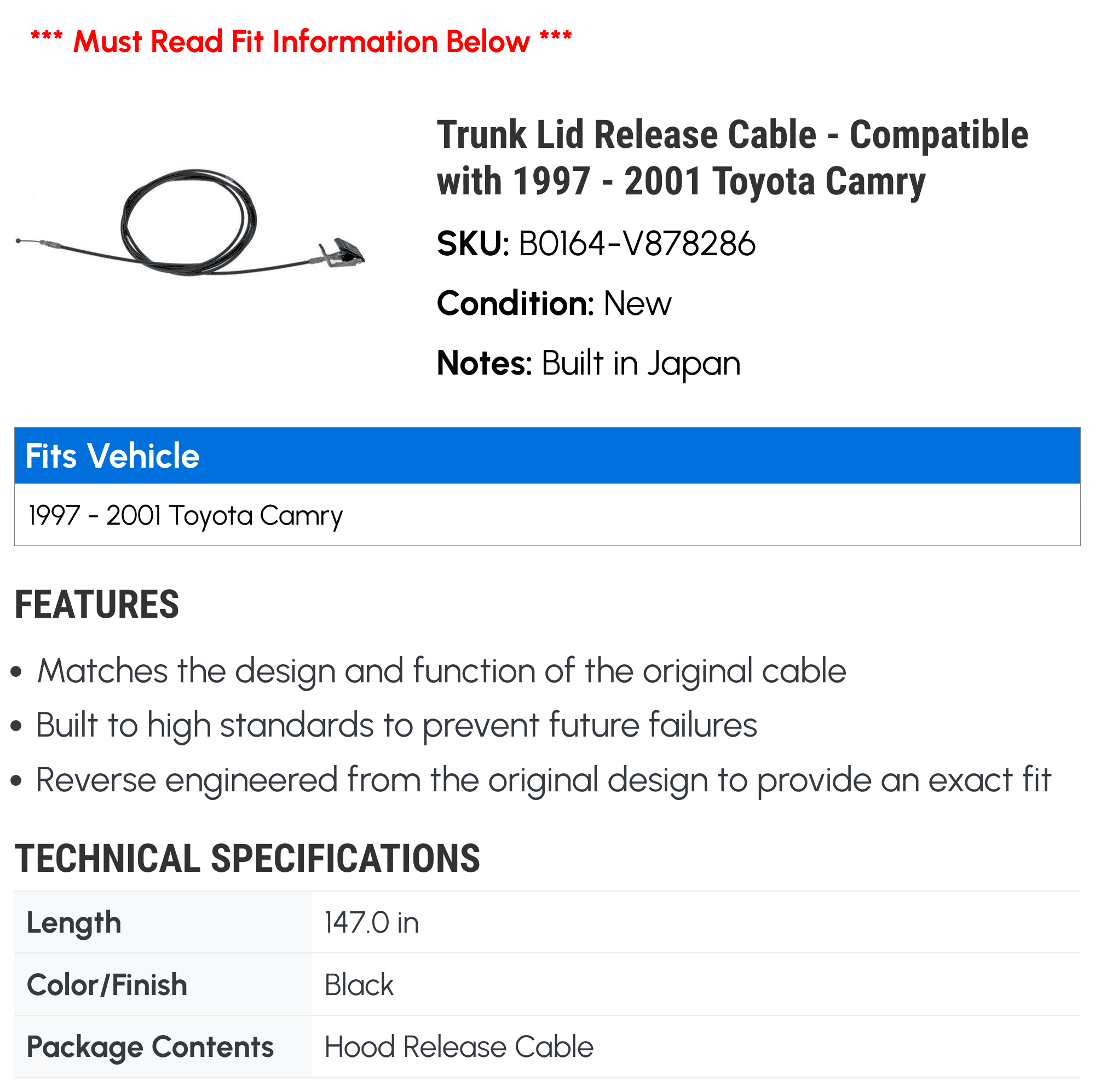 Trunk Lid Release Cable - Fitting with 1997 - 2001 Toyota Camry 1998 1999 2000
