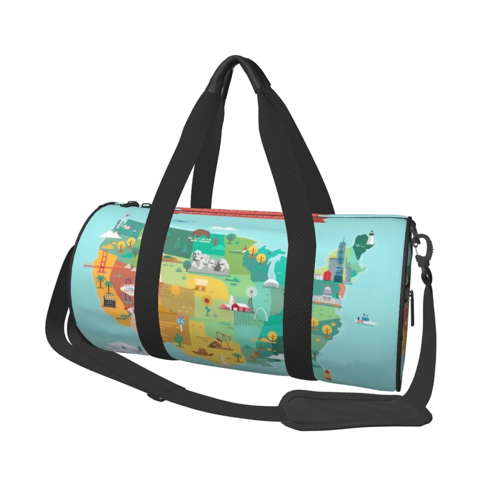 Coaee USA Tourist Map Large Capacity Travel Luggage Bag Cylinder Gym Bag Waterproof Sports Bag with Pocket and Compartment
