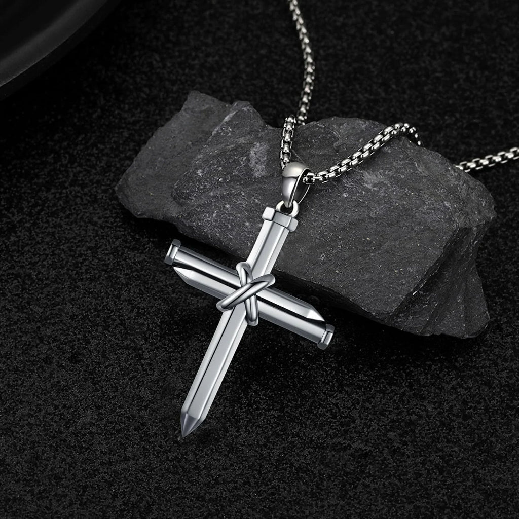 Midir&Etain Cross Necklace for Men Boys 925 Sterling Silver Nail Cross Pendant Necklace Solid Cross Charm Christian Jewelry Religious Graduation Gifts