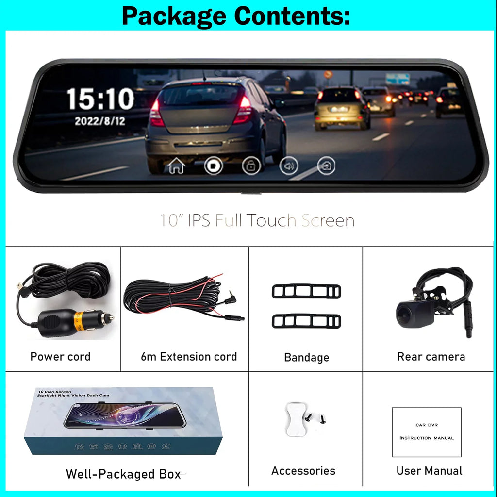 Erago Rear View Mirror Camera Kit:Rear view mirror dash cam Front and Rear FHD 1080P for Car with 10" Full Touch Screen, Waterproof Backup WDR Camera, Night Vision, G-Sensor, Parking Moniter