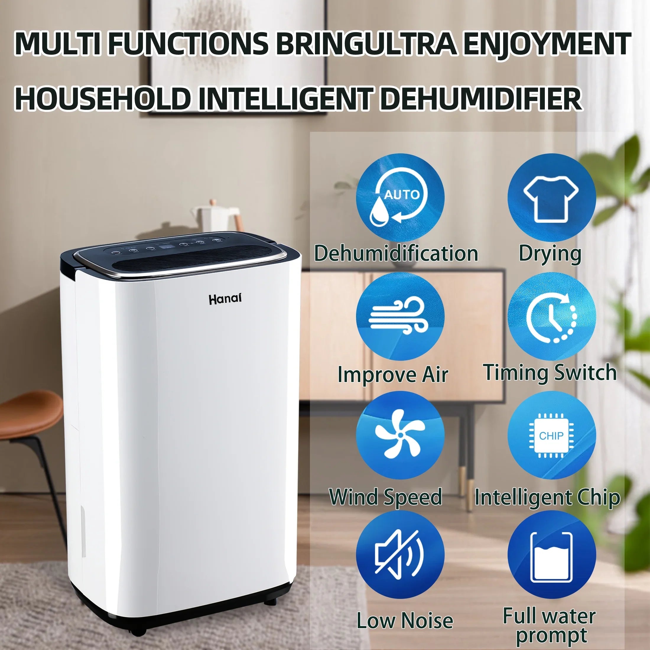 WANAI 22 Pints Dehumidifier,1500 Sq.Ft,Protable Dehumidifier for Basement and Home with Drain Hose,Max Moisture Removal 30 Pints (95 "F, 95% RH),White