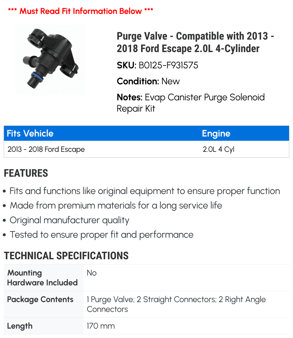 Purge Valve - Suitable with 2013 - 2018 Ford Escape 2.0L 4-Cylinder 2014 2015 2016 2017