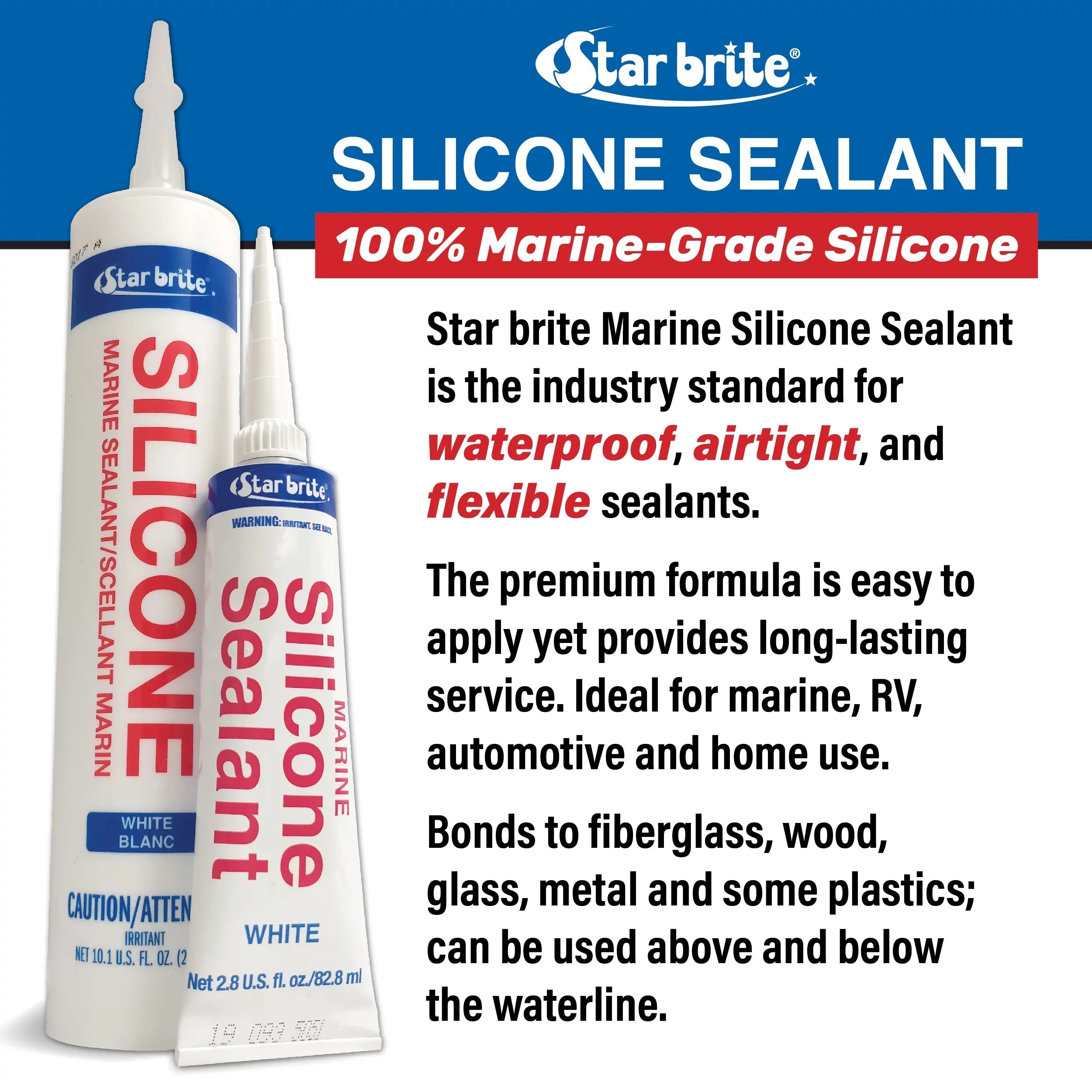 STAR BRITE Marine Silicone Sealant - Clear, 10.1 Oz Cartridge, Waterproof, Strong UV Durable for Fiberglass, Metal, Wood, Glass, Ceramic & More (082122)