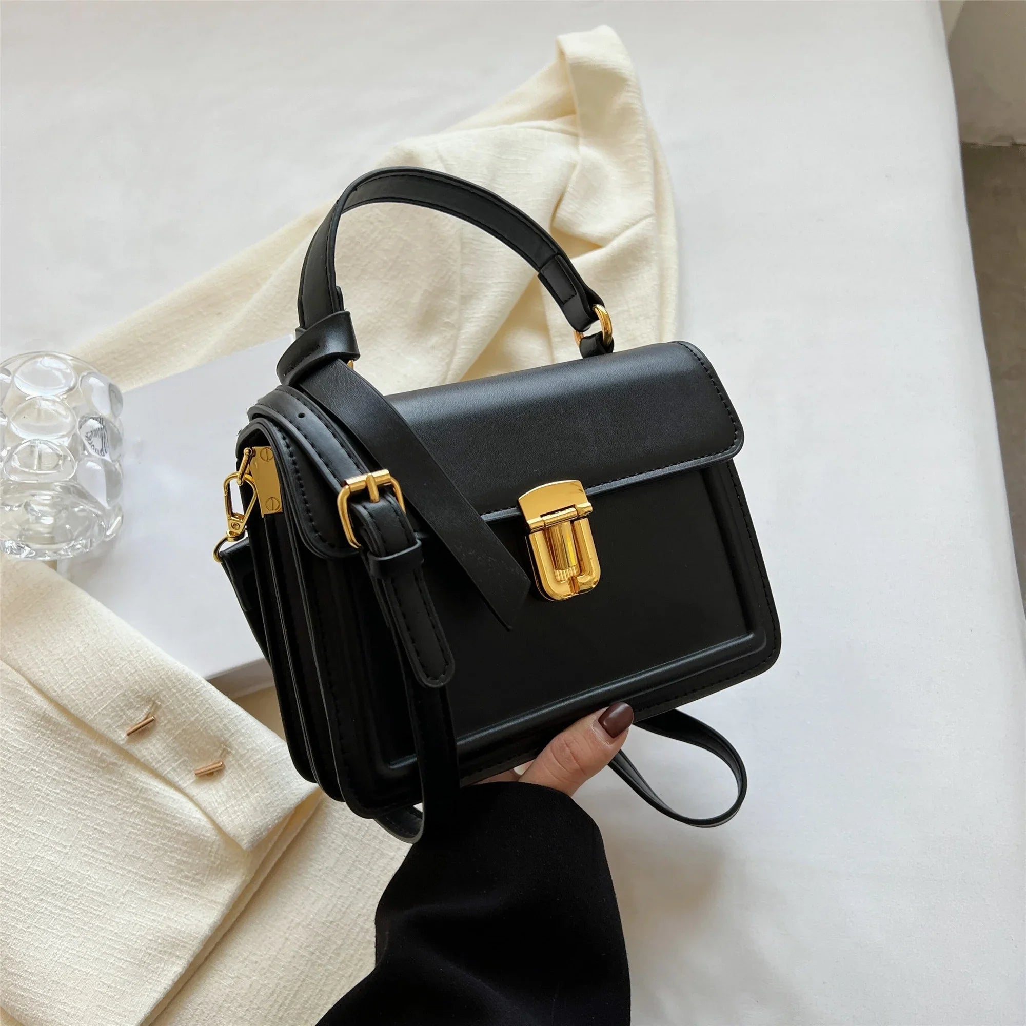 Junior Fastener Decor Handbag, Trendy Square Crossbody Bag, Faux Leather Flap Purse For Women (7.9*5.93*3.16) Inch
