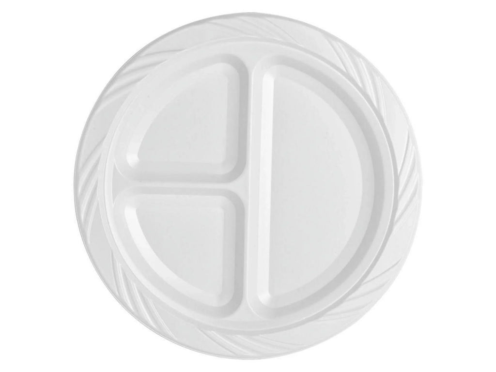 Genuine Joe 3-section Round Plastic Plates, 9", 125 Pack, GJO10425