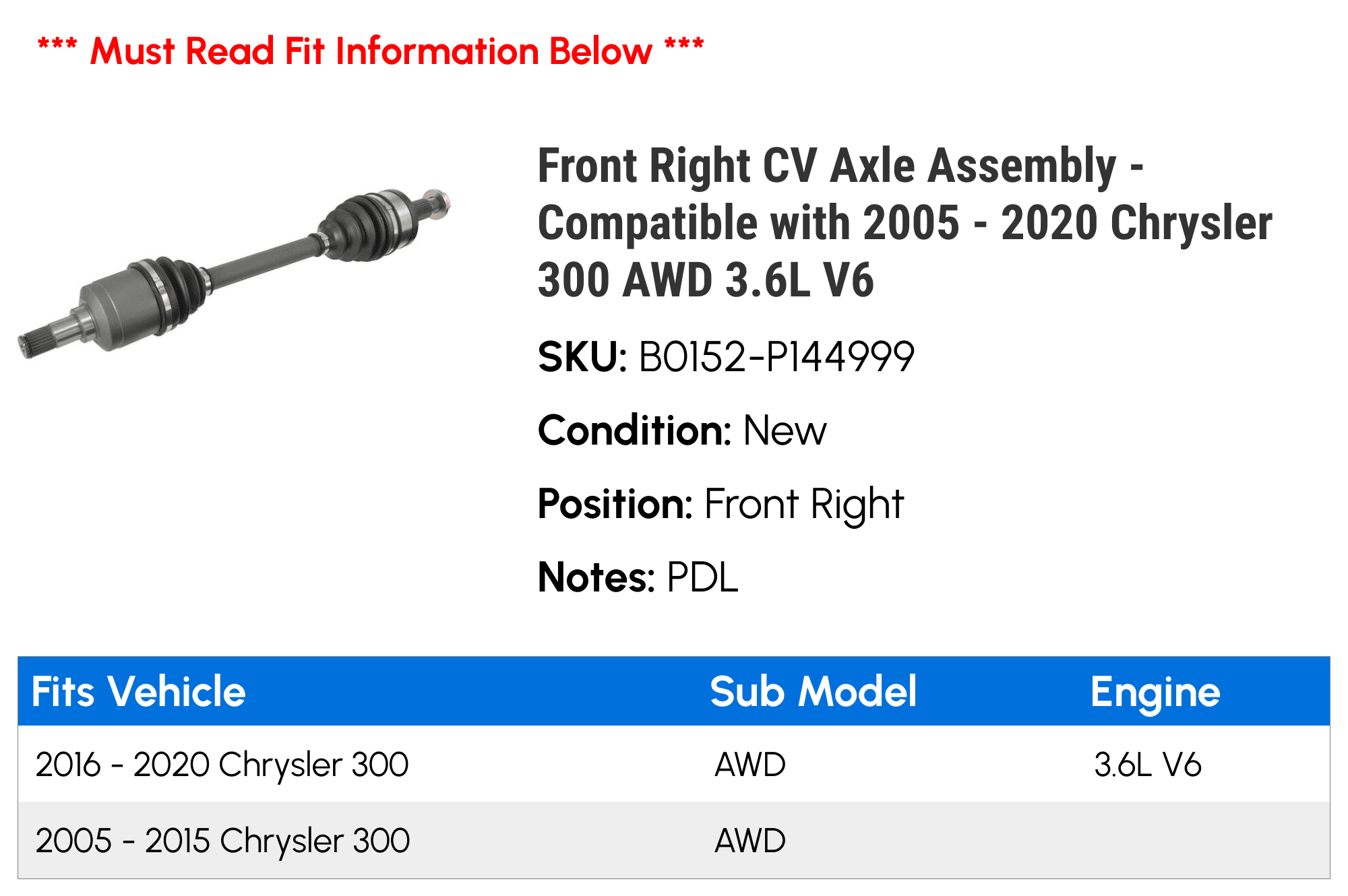 Front Right CV Axle Assembly - Matching with 2005 - 2020 Chrysler 300 AWD 3.6L V6 2006 2007 2008 2009 2010 2011 2012 2013 2014 2015 2016 2017 2018 2019