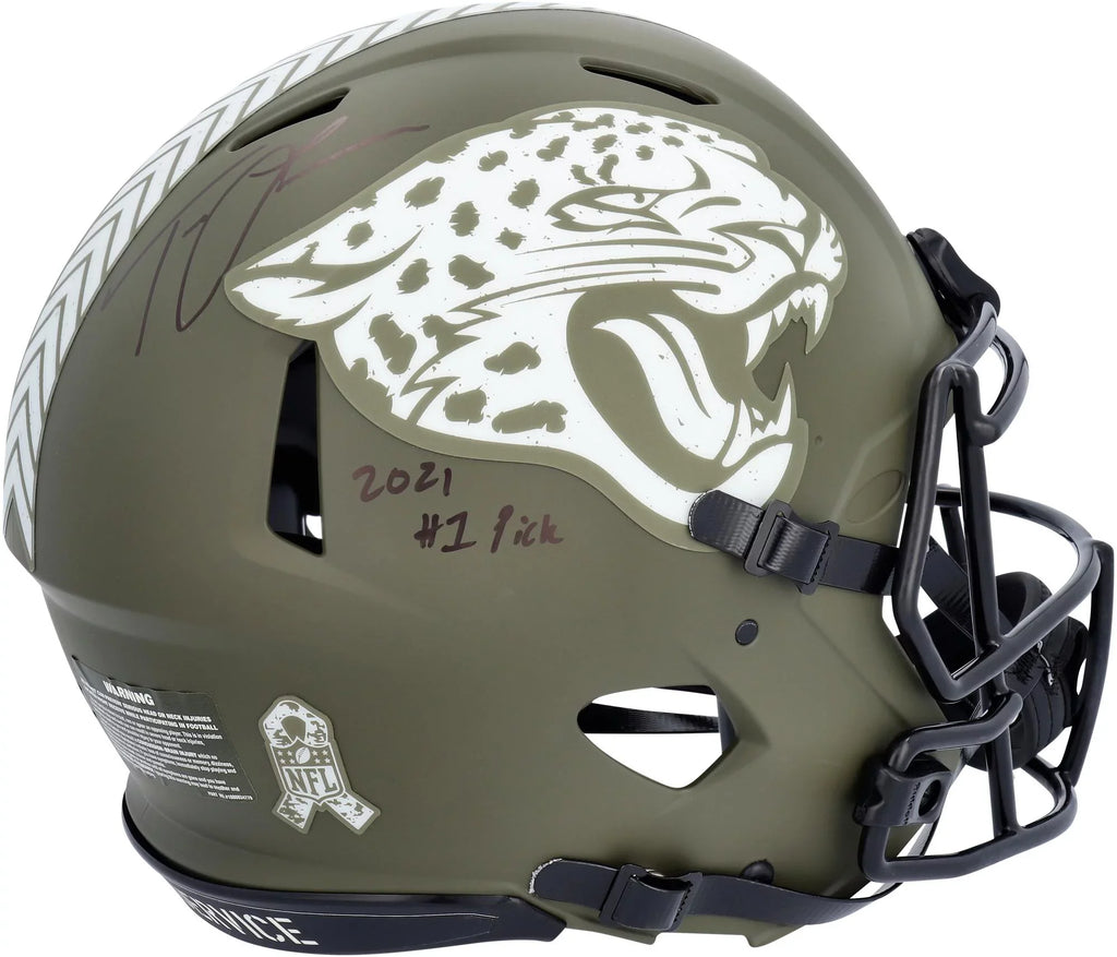 Trevor Lawrence Jacksonville Jaguars Autographed Riddell 2022 Salute to Service Speed Authentic Helmet with "2021 #1 Pick" Inscription - Fanatics Authentic Certified