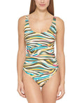 DKNY Women's Mesh Side Stripe Ruched One Piece Swimsuit Green Size 4