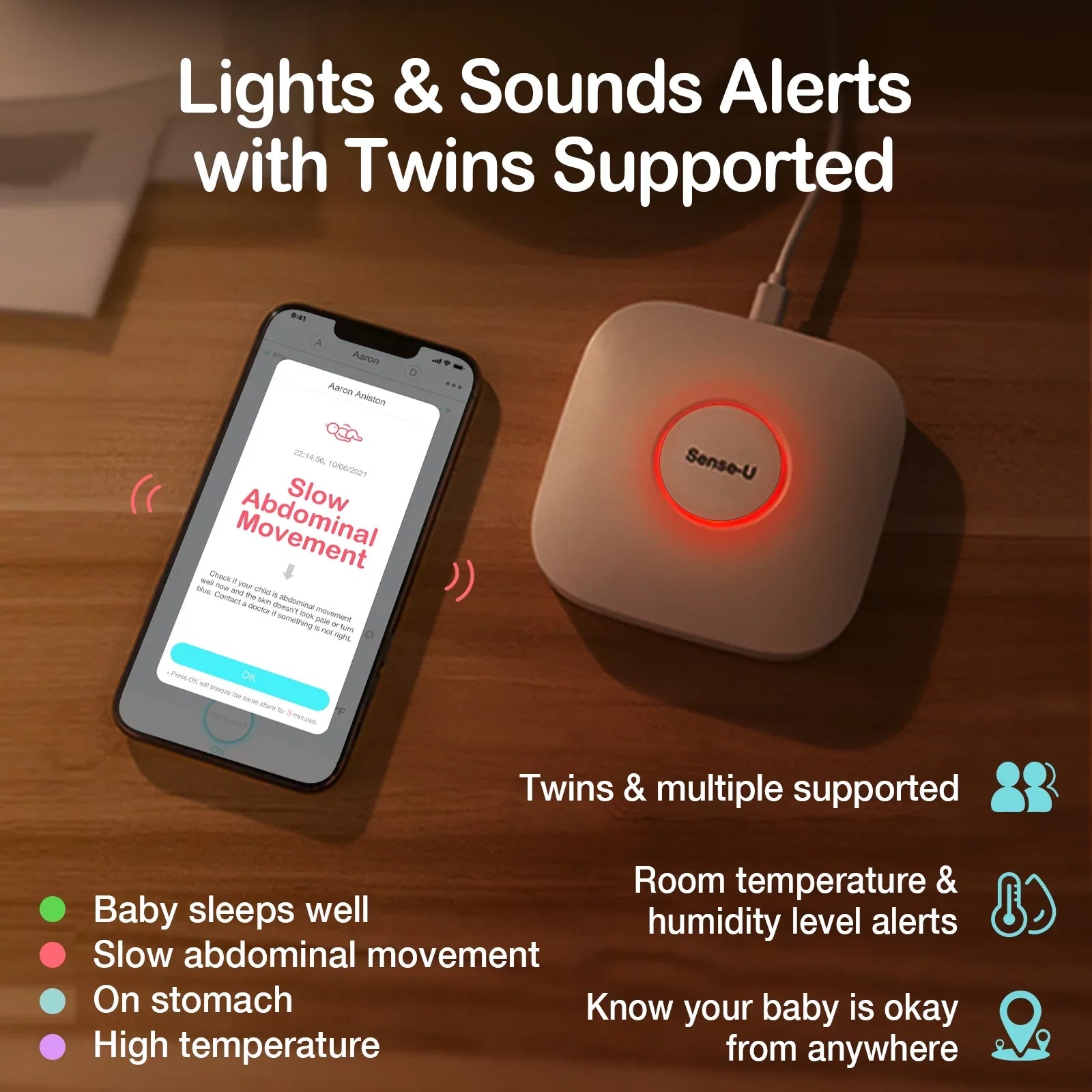 Sense-U Smart Baby Abdominal Movement Monitor - Tracks Baby's Abdominal Movement, Temperature, Rollover, Sleeping Position and Humidity on Smartphone and Base Station - Anytime, Anywhere, Green