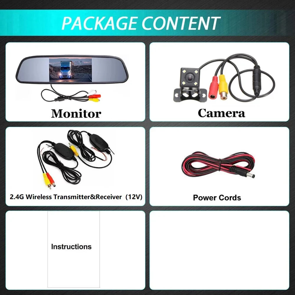 Wireless Car Backup Camera Rear View System Night Vision + 4.3" Mirror Monitor