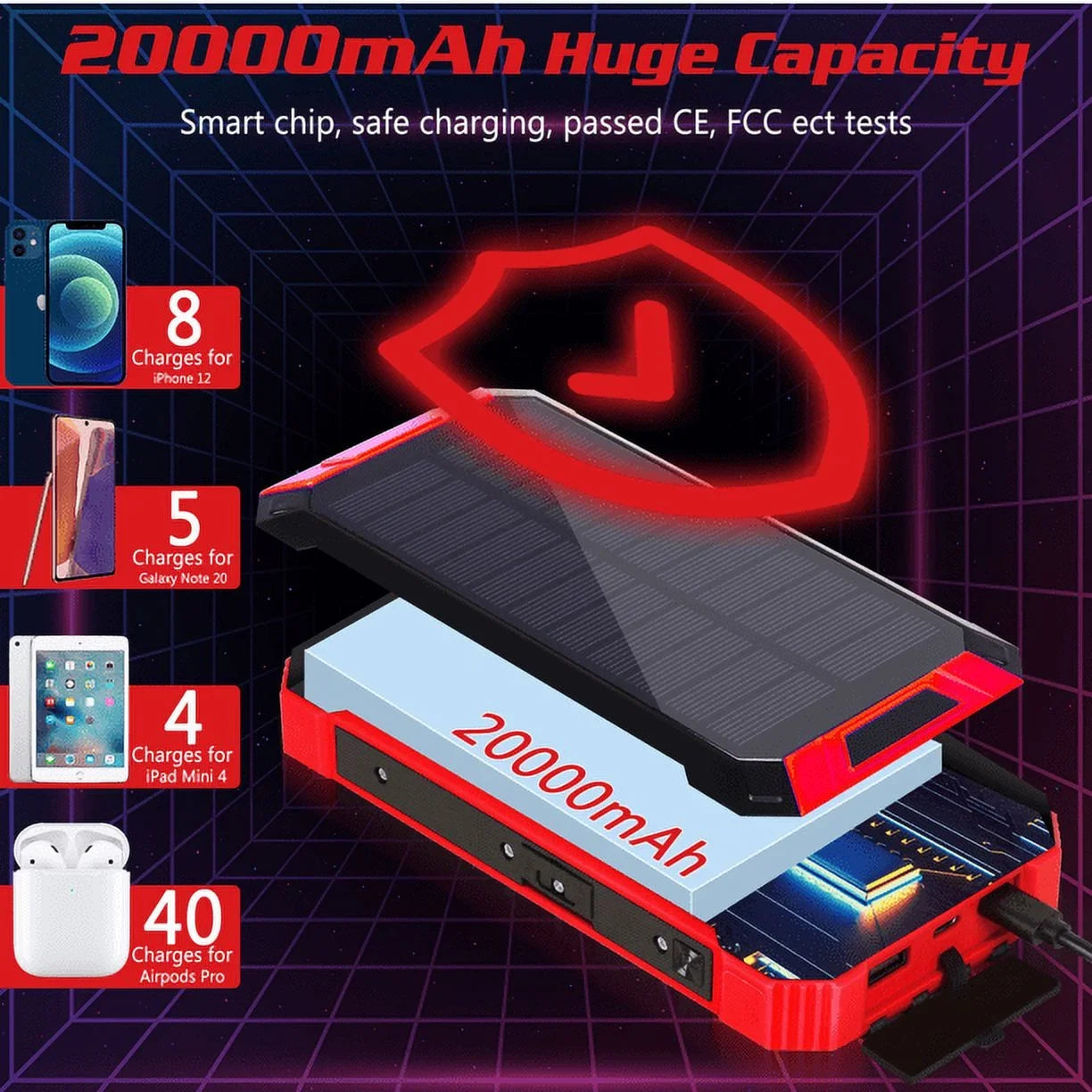 Solar Power Bank 20000mAh Built-in 4 Cables Qi Wireless Charger For Ulefone Armor 9 with LED Flashlight Solar Portable External Battery IPX4 Waterproof 15W 5V/3A USB C Port 6 Outputs 3 Inputs