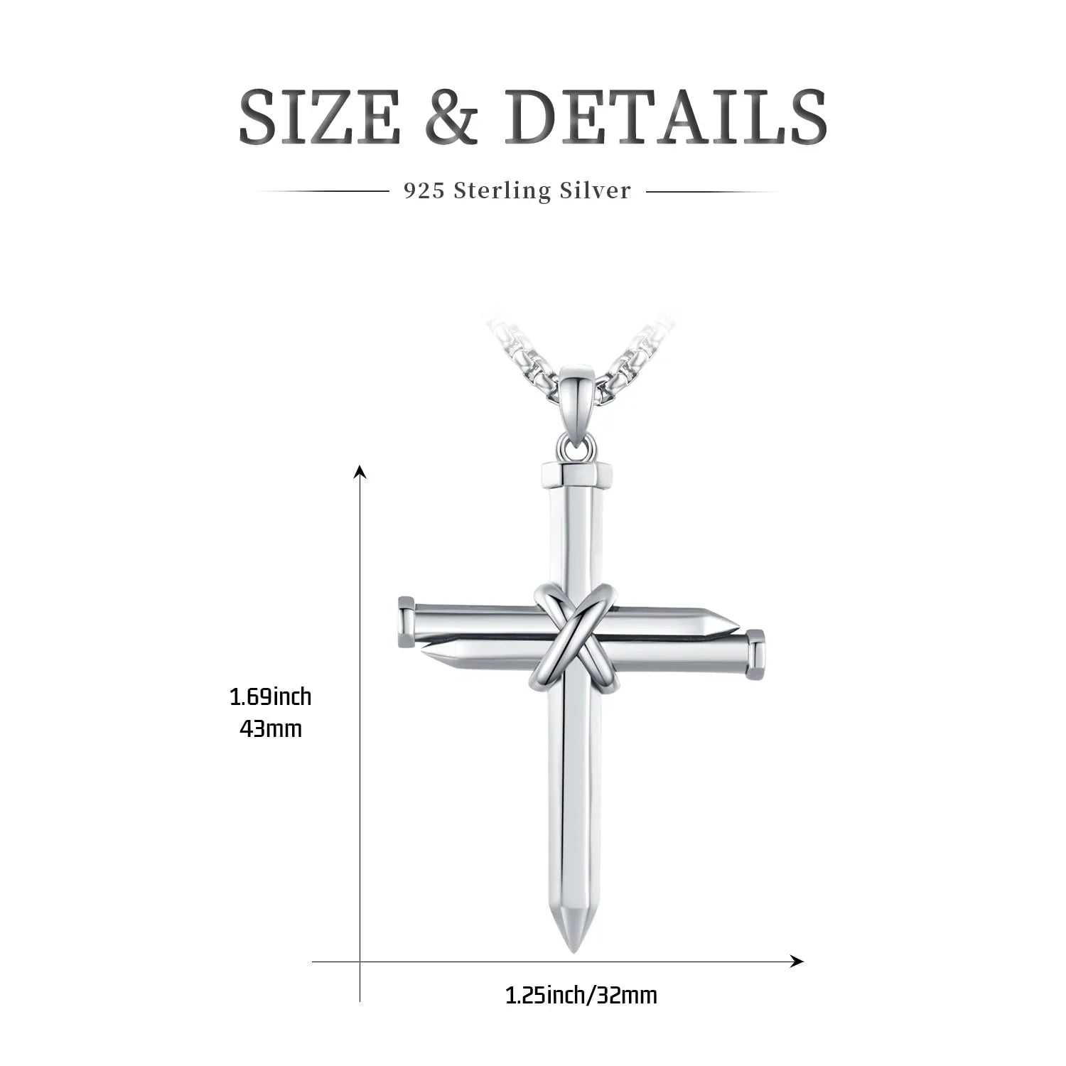Midir&Etain Cross Necklace for Men Boys 925 Sterling Silver Nail Cross Pendant Necklace Solid Cross Charm Christian Jewelry Religious Graduation Gifts