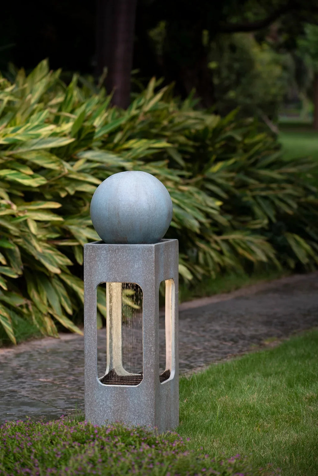 Homiyad 13X13X44" Tall Contemporary Sphere Outdoor Water Fountain, Cement/Concrete Outdoor Fountain, Antique Blue Raindrop Water Feature with Light for Garden, Lawn, Deck & Patio