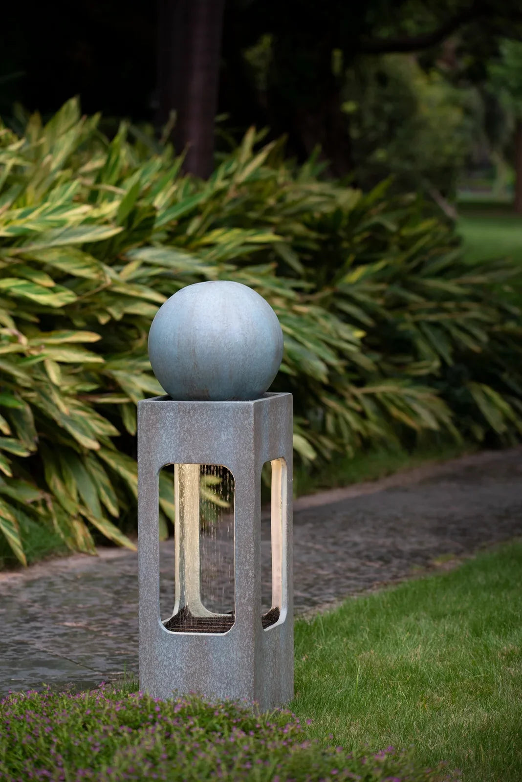 Homiyad 13X13X44" Tall Contemporary Sphere Outdoor Water Fountain, Cement/Concrete Outdoor Fountain, Antique Blue Raindrop Water Feature with Light for Garden, Lawn, Deck & Patio