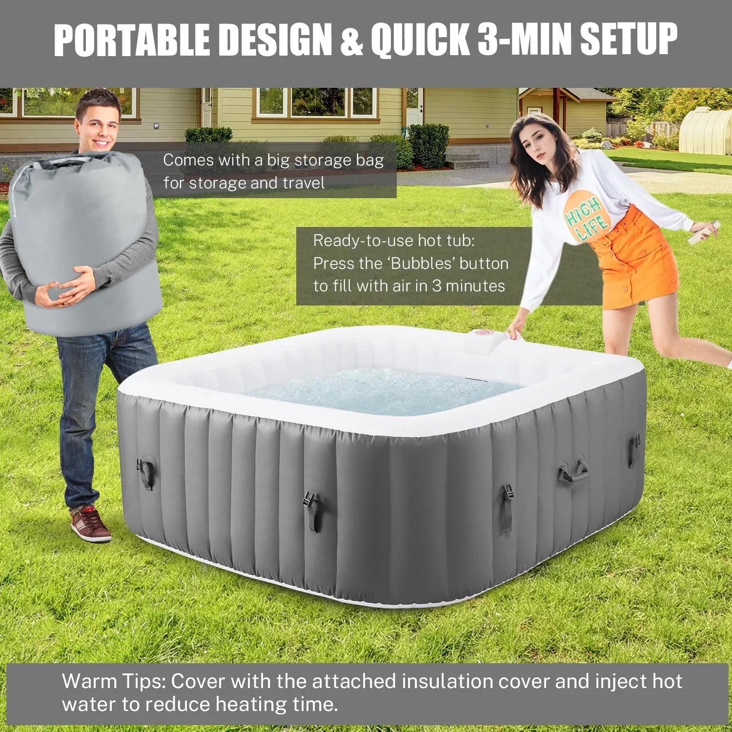 73''Inflatable Hot Tub, Outdoor Hot Tub for 6 Person Indoor Home Spa with Hidden Machine, 130 Massage Jets, Lockable Shield Storage Bag, Mat, Max 104℉, 910L Capacity