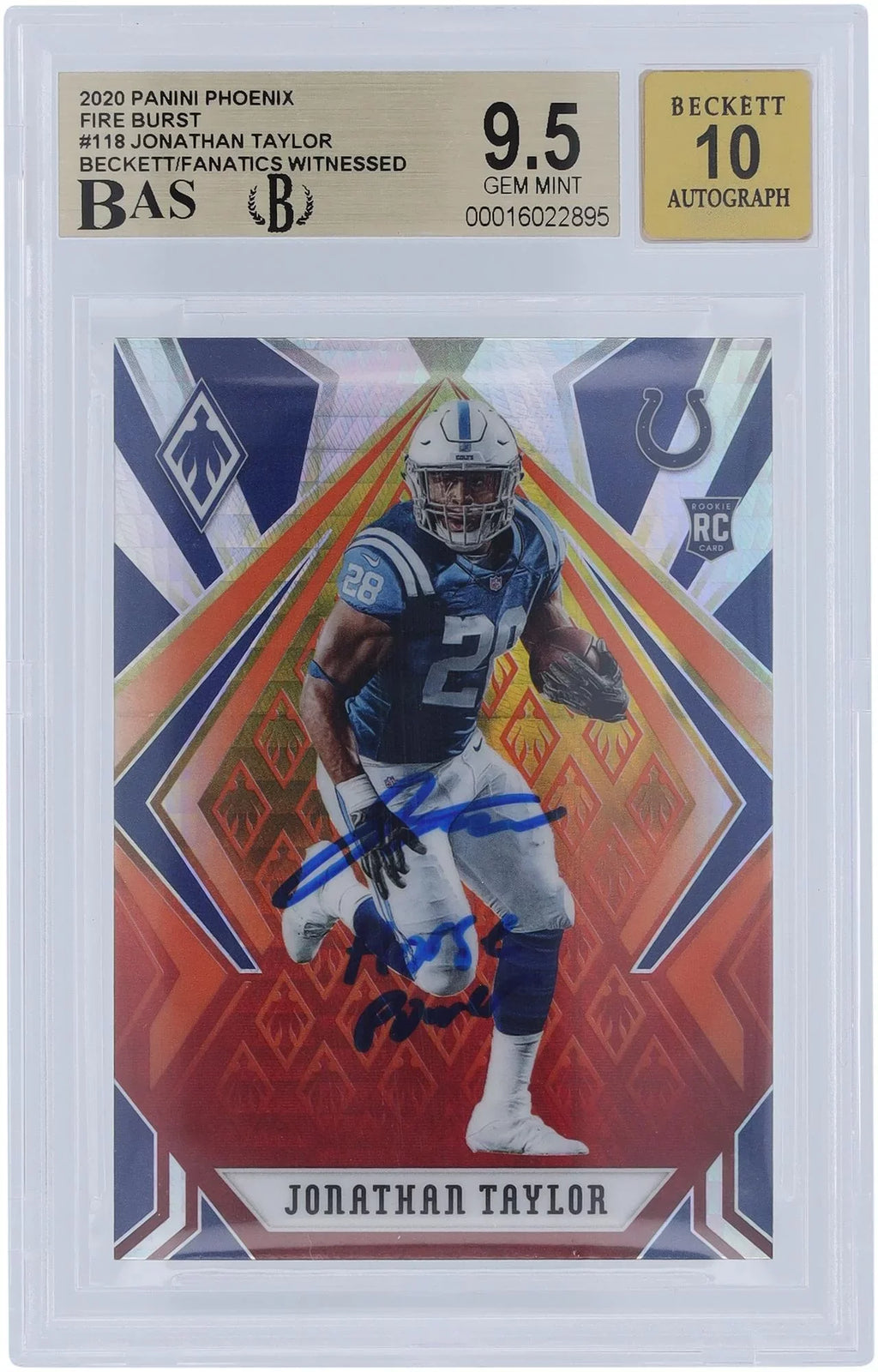 Jonathan Taylor Indianapolis Colts Autographed 2020 Panini Phoenix Fireburst #118 Beckett Fanatics Witnessed Authenticated 9.5/10 Rookie Card with "Horse Power" Inscription - Fanatics Authentic