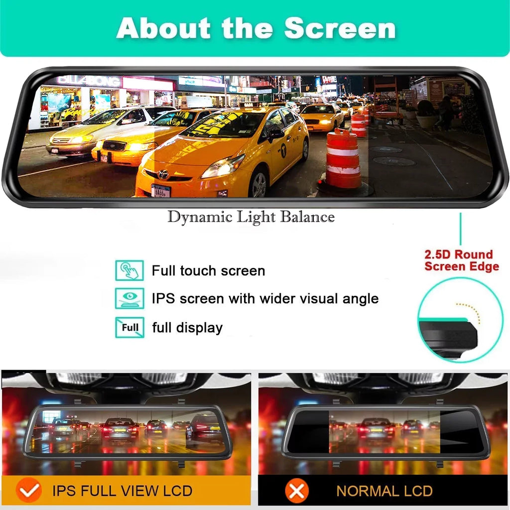 Erago Rear View Mirror Camera Kit:Rear view mirror dash cam Front and Rear FHD 1080P for Car with 10" Full Touch Screen, Waterproof Backup WDR Camera, Night Vision, G-Sensor, Parking Moniter