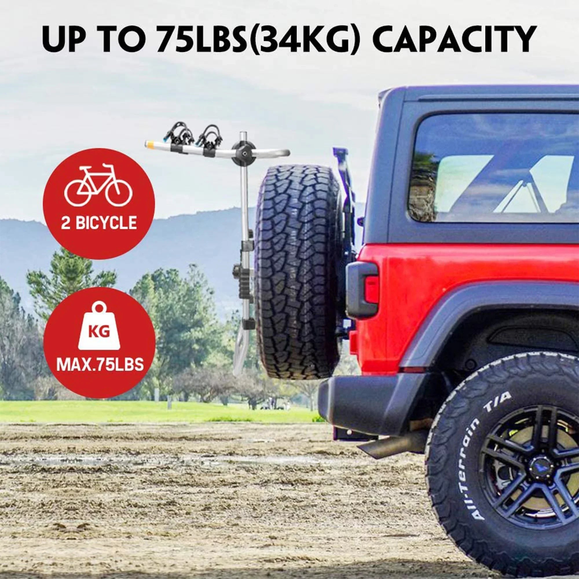 Fieryred 2 Bike Bolt On Spare Tire Rack w/ 75 Pound Capacity, Black