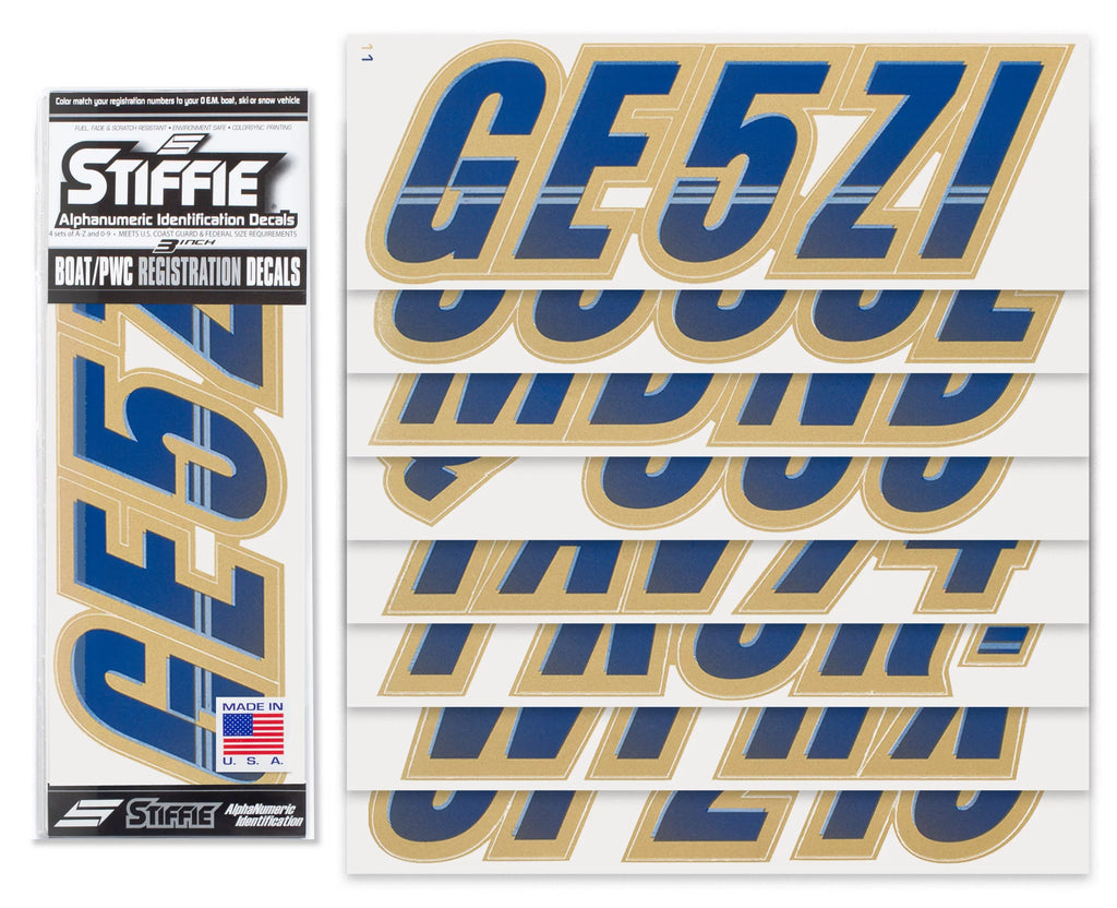 STIFFIE Techtron Navy/Gold 3" Alpha-Numeric Identification Custom Kit Registration Numbers & Letters Marine Stickers Decals for Vessel & Personal Watercraft PWC
