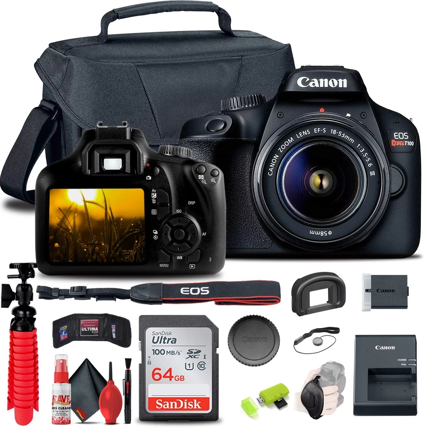 Canon EOS Rebel T100 / 4000D DSLR Camera with 18-55mm Lens + 64GB Card + More