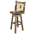 Glacier Country Counter Height Barstool with Back & Swivel, Woodland Upholstery with Laser Engraved Pine Tree Design