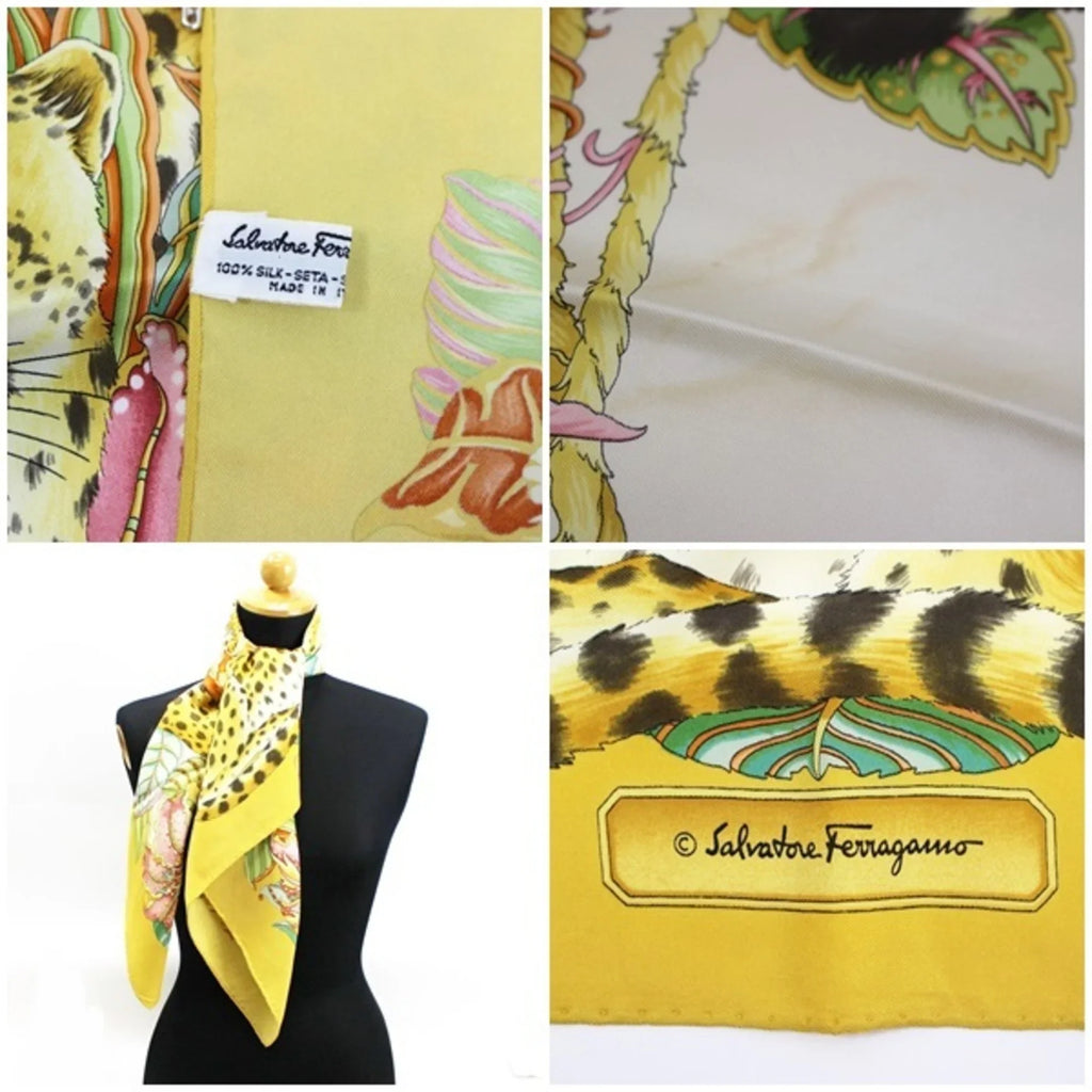 Pre-Owned Salvatore Ferragamo Silk Scarf Muffler Leopard Print Yellow Women's (Good)