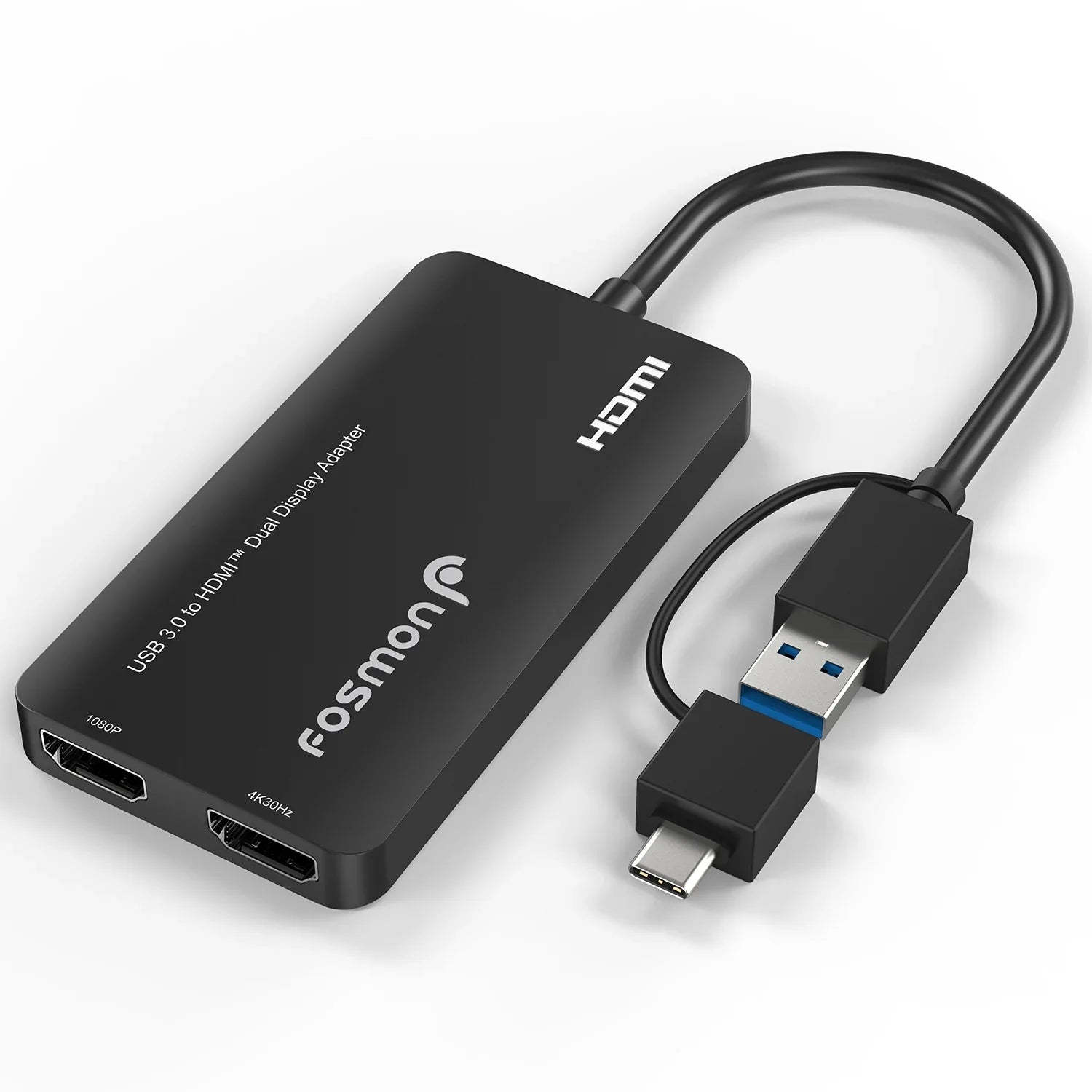 Fosmon USB 3.0 to HDMI Dual Display Monitors Adapter, Video Graphics Adapter, HDMI 2.0 Splitter Support USB-C, USB-A, USB 4 Thunderbolt 3/4, 4K@30Hz+1080P@60Hz, 6 Monitor Displays for Windows & Mac OS