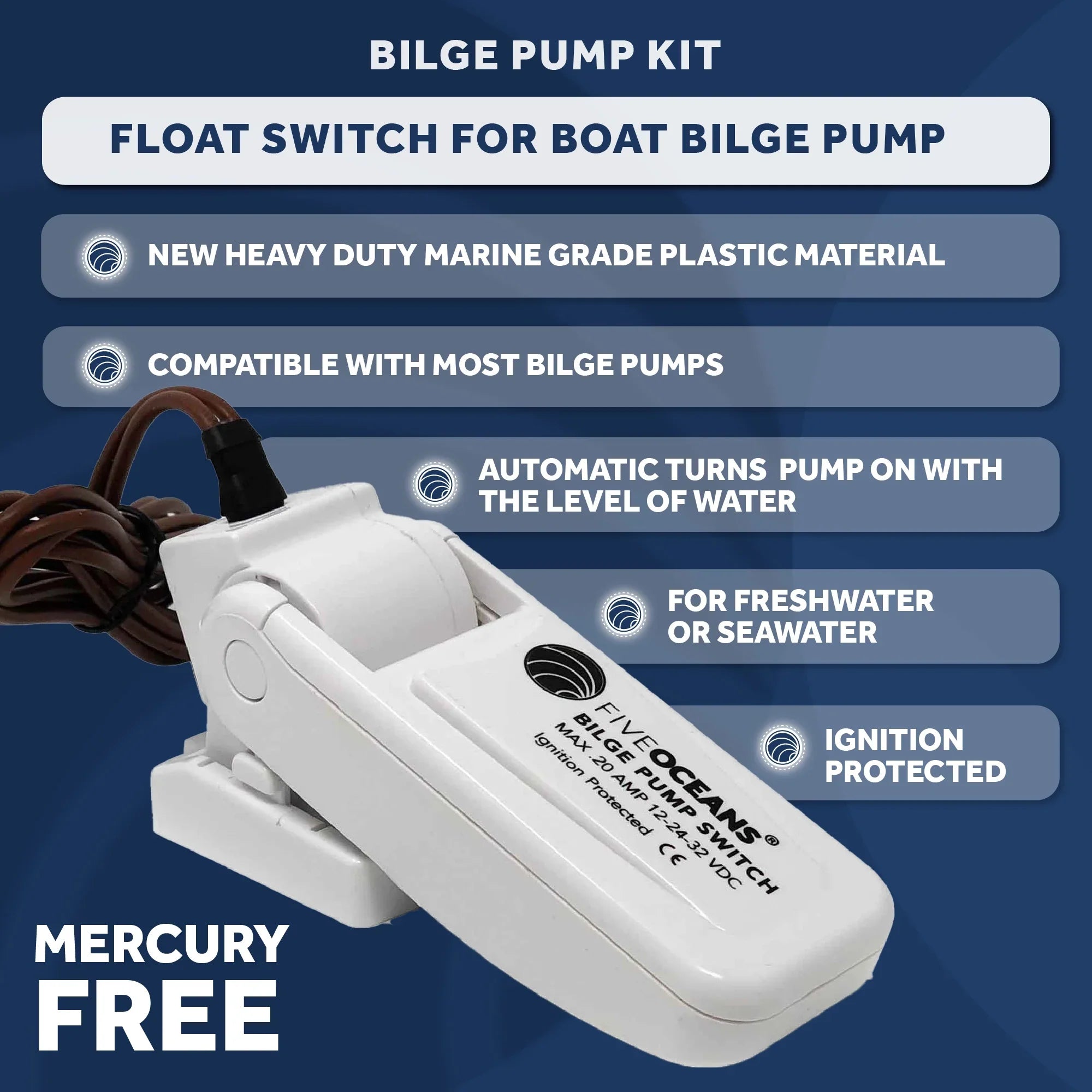 Five Oceans 2000 GPH / 7571 LPH Automatic Bilge Pump Kit, 12-Volts, 1-1/8-Inch (29mm) Inside Diameter Hose, with Heavy-Duty Float Switch - FO3616-C2