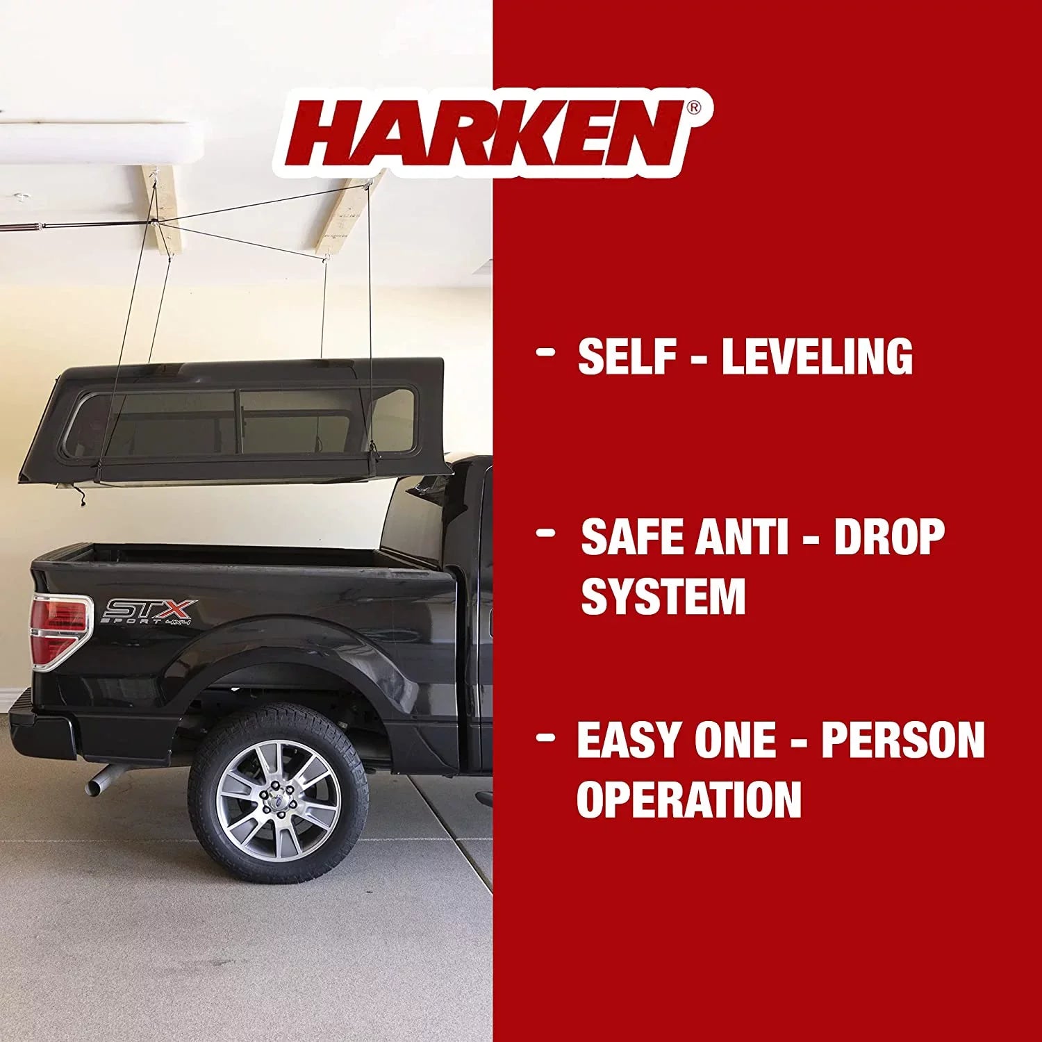 YUNWEN - Truck Cap Overhead Garage Storage Hoist, Self-Leveling, Safe Anti-Drop System, Easy One-Person Operation, Smart Garage Organization