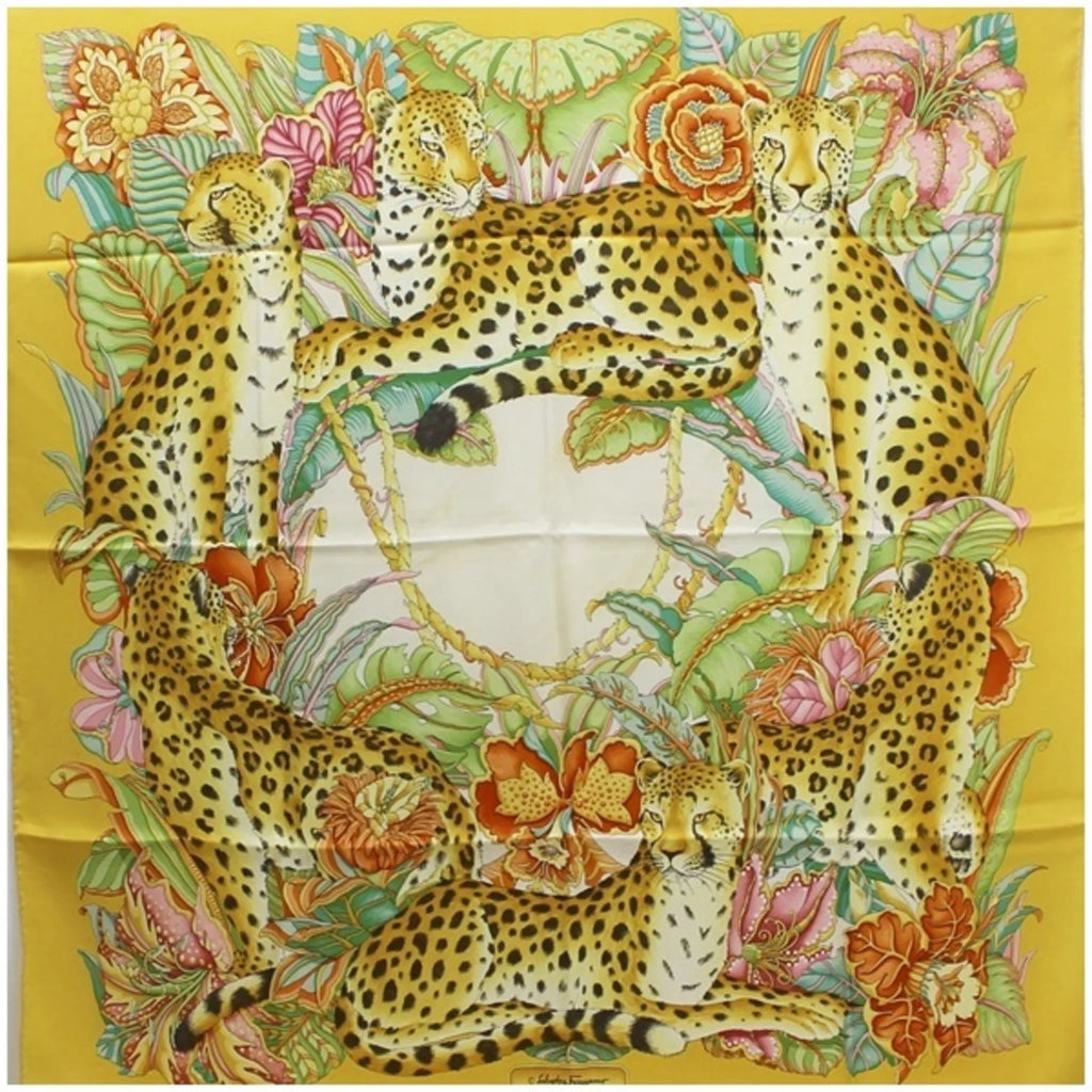 Pre-Owned Salvatore Ferragamo Silk Scarf Muffler Leopard Print Yellow Women's (Good)