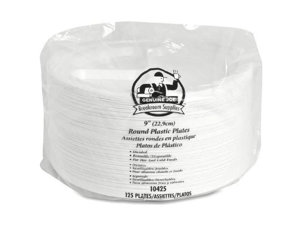 Genuine Joe 3-section Round Plastic Plates, 9", 125 Pack, GJO10425
