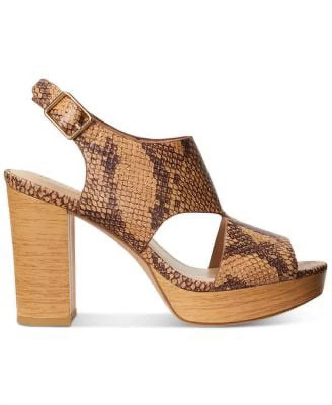 LAUREN RALPH LAUREN Womens Beige Snake 1" Platform Cut Out Feona Round Toe Block Heel Fastener Leather Dress Slingback Sandal 8.5