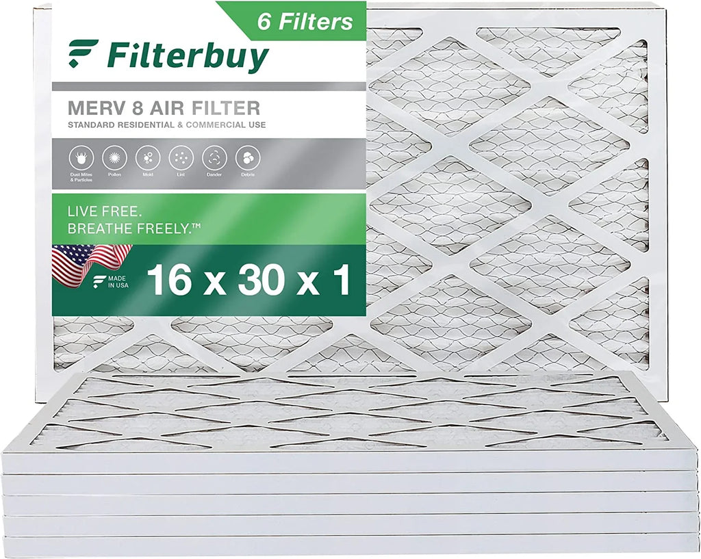 Filterbuy 16x30x1 MERV 8 Pleated HVAC AC Furnace Air Filters (6-Pack)