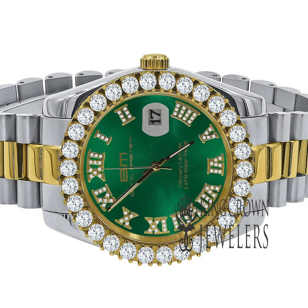 Mens Roman Numbers Face Green Dial Full Stainless Steel 18k 2 Tone Gold Diamond Watch 42mm