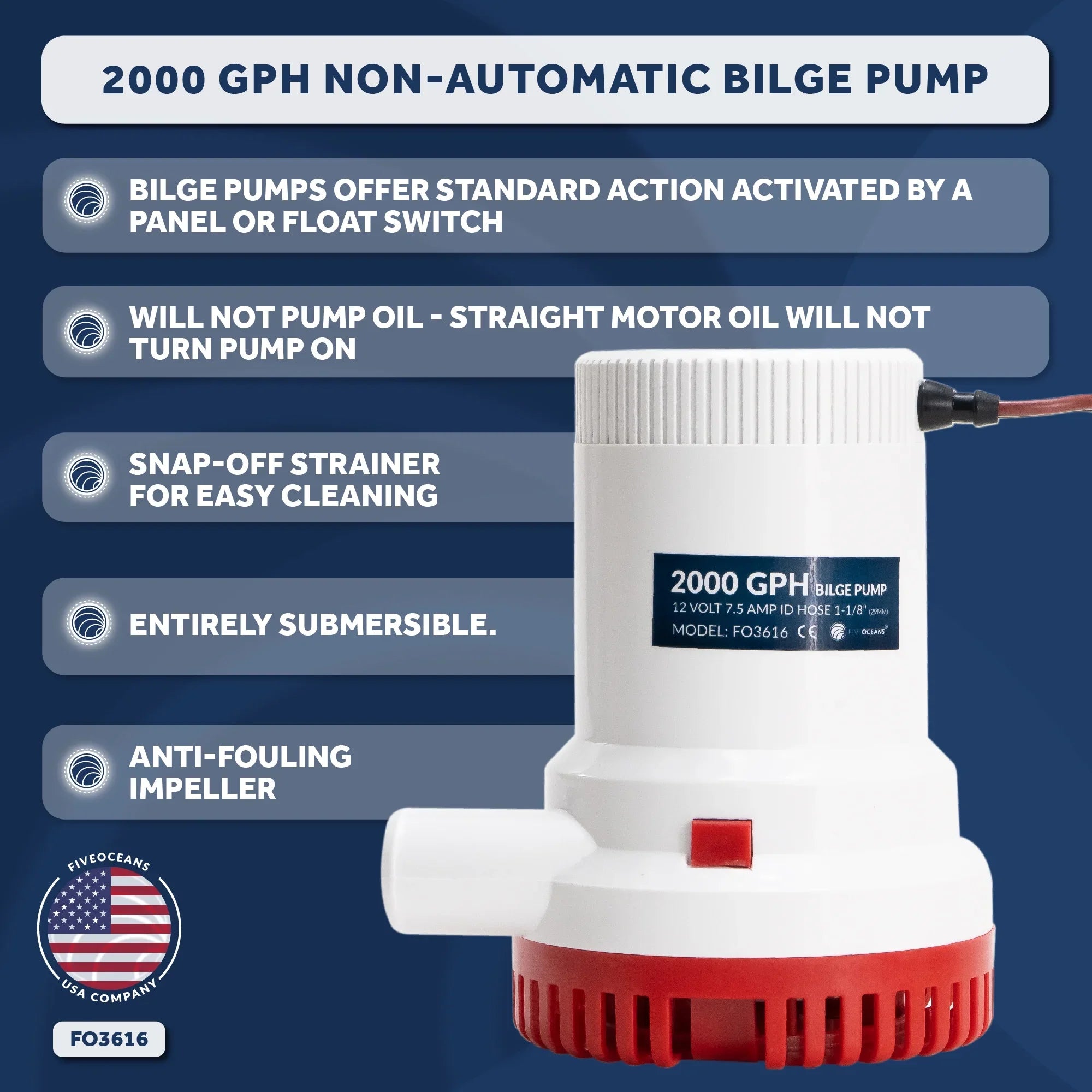 Five Oceans 2000 GPH / 7571 LPH Automatic Bilge Pump Kit, 12-Volts, 1-1/8-Inch (29mm) Inside Diameter Hose, with Heavy-Duty Float Switch - FO3616-C2