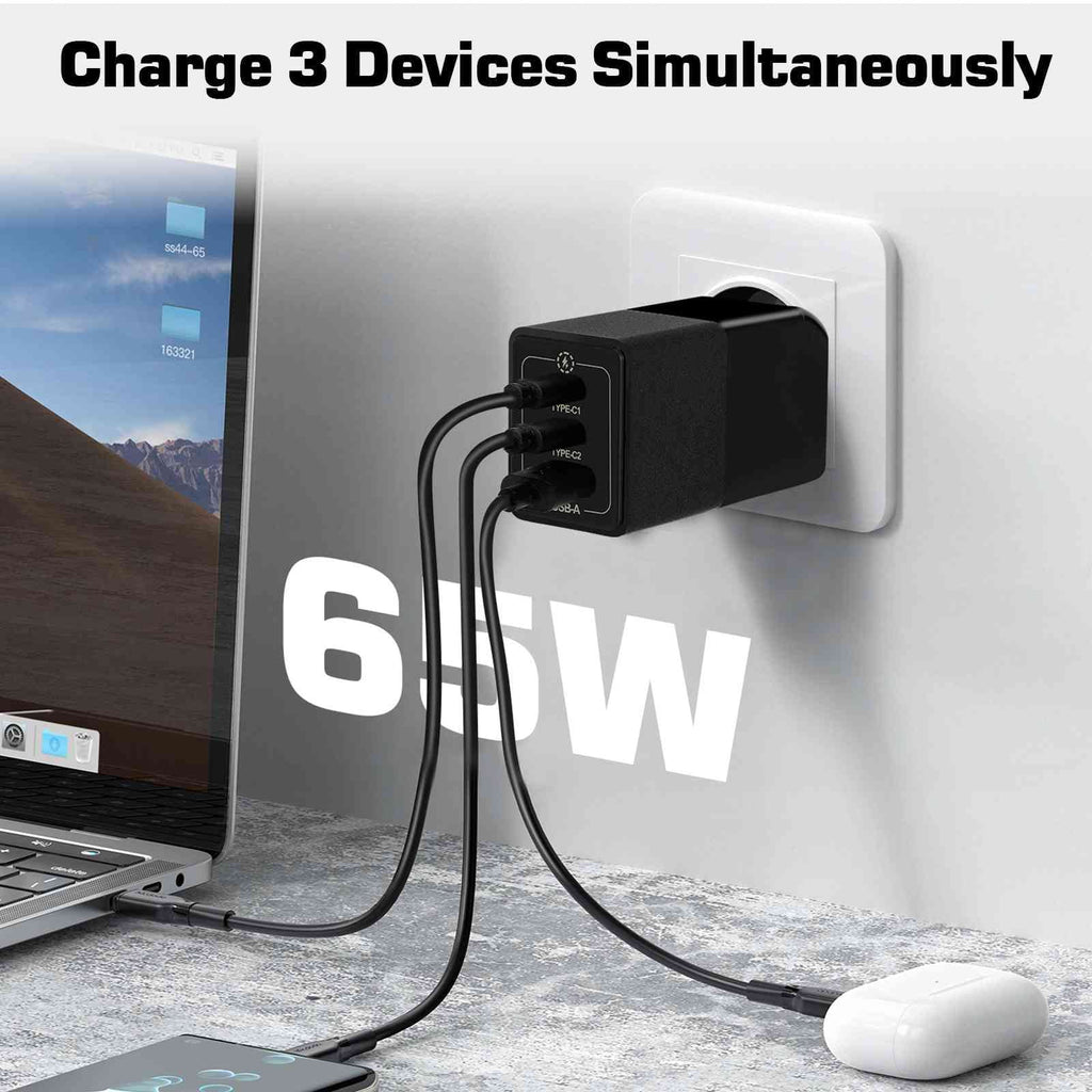 UrbanX 65W Fast Travel Charger with 3 Ports USB & Dual USB-C High-Speed Charging Fitting with Doogee S86/S88 Plus/S96 Pro/S58 Pro/S59, iPhone, Samsung Galaxy, Google Pixel, MacBook, Steam Deck
