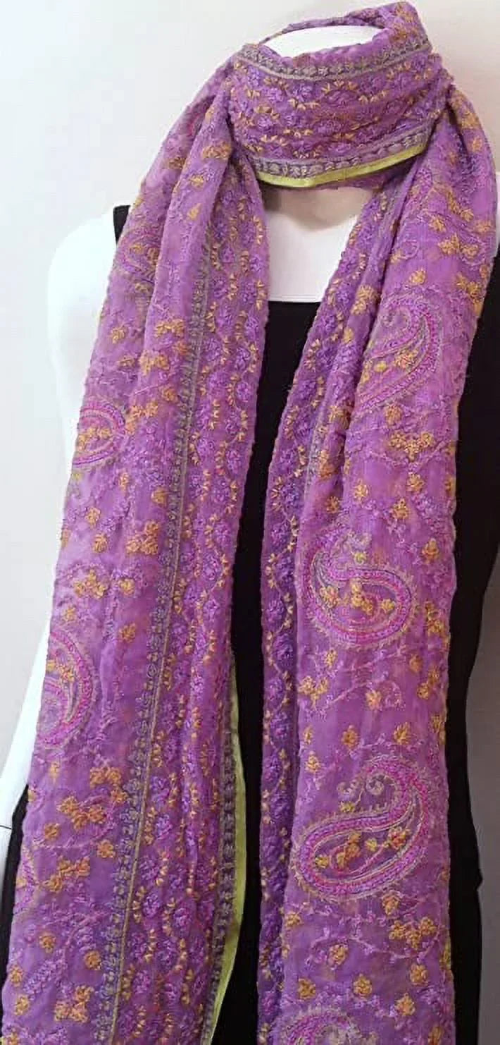 Chiffon Silk Lavender Light Purple Big Scarf, Neck Wear, Wrap, Intricate Delicate Embroidered Fabric, Sofa Throw New