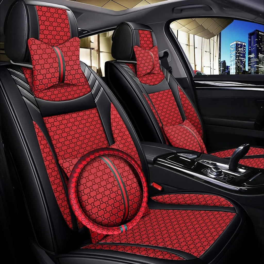 KABUQI Guc ci,same model high-end Luxury Seat Wrap Full Set Leather Fit Automotive Seat Coating & Accessories for 5 Seat Cars SUV Pick-up Trucks, Pillows and Steering Wheel Protection Included(Gray)