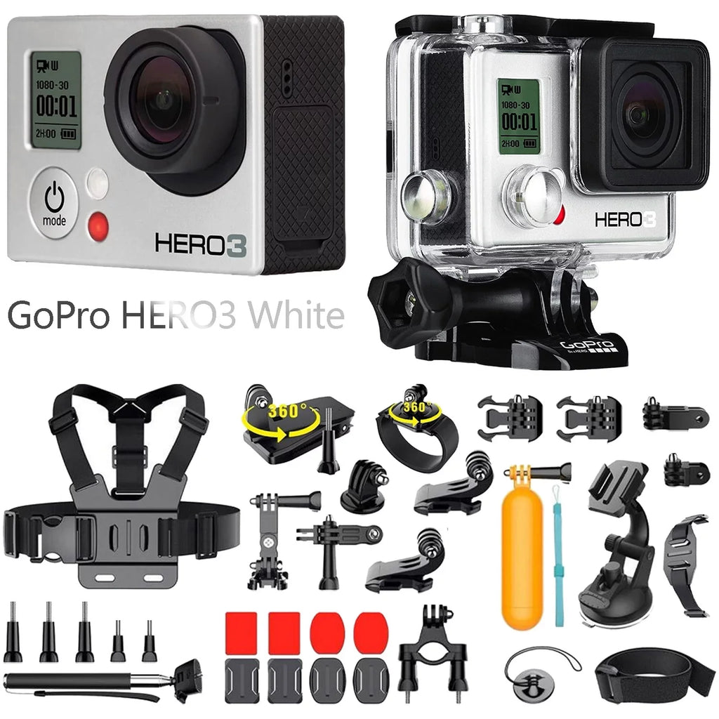 Restored GoPro HERO3 White Edition action camera 1080p 5.0 MP WiFi underwater up to 131.2 ft Camcorder + 35in1 Kits (Refurbished)