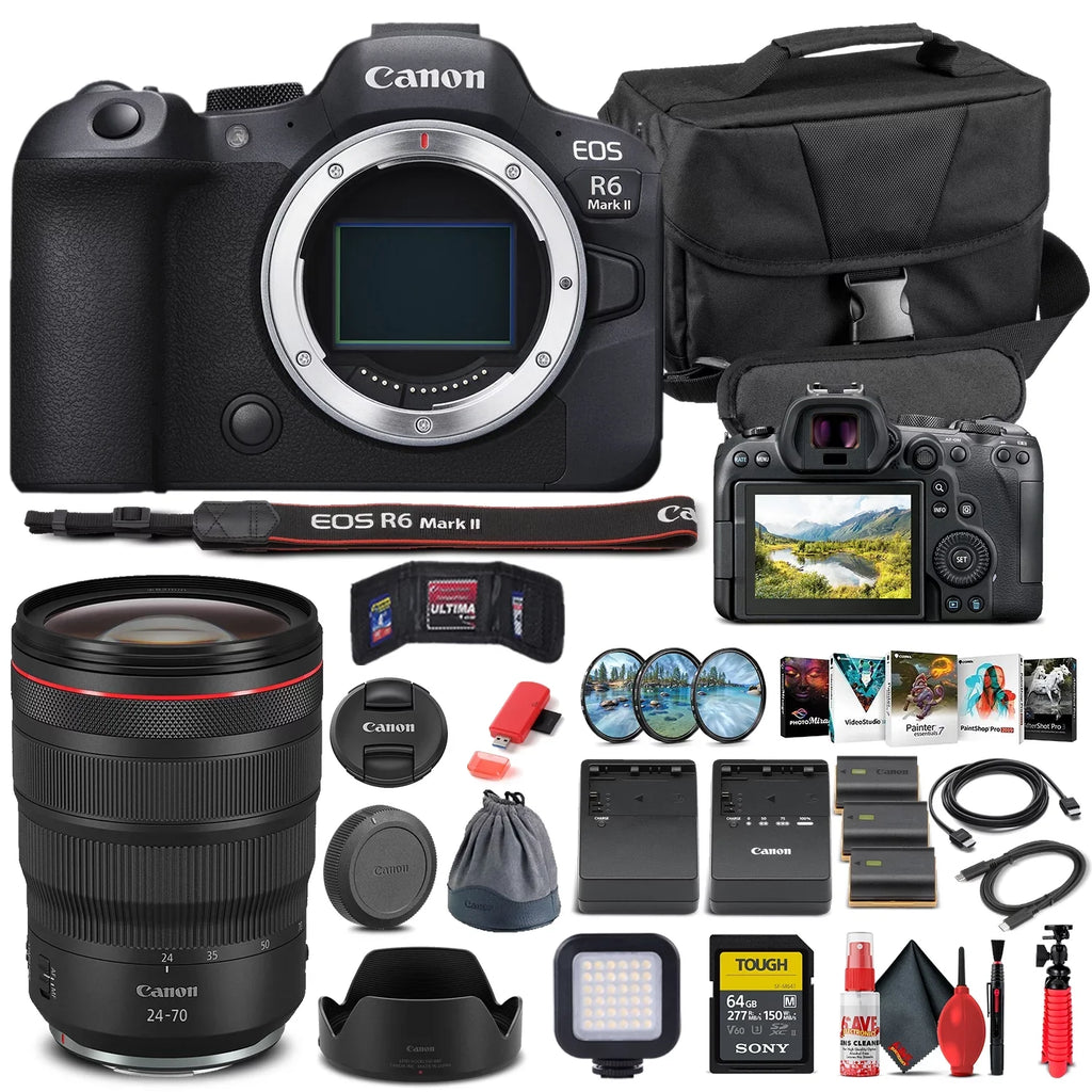 Canon EOS R6 Mark II Mirrorless Camera (5666C002) + Canon RF 24-70mm Lens + 64GB Memory Card + Case + l Photo Software + 2 x LPE6 Battery + External Charger + Card Reader + More