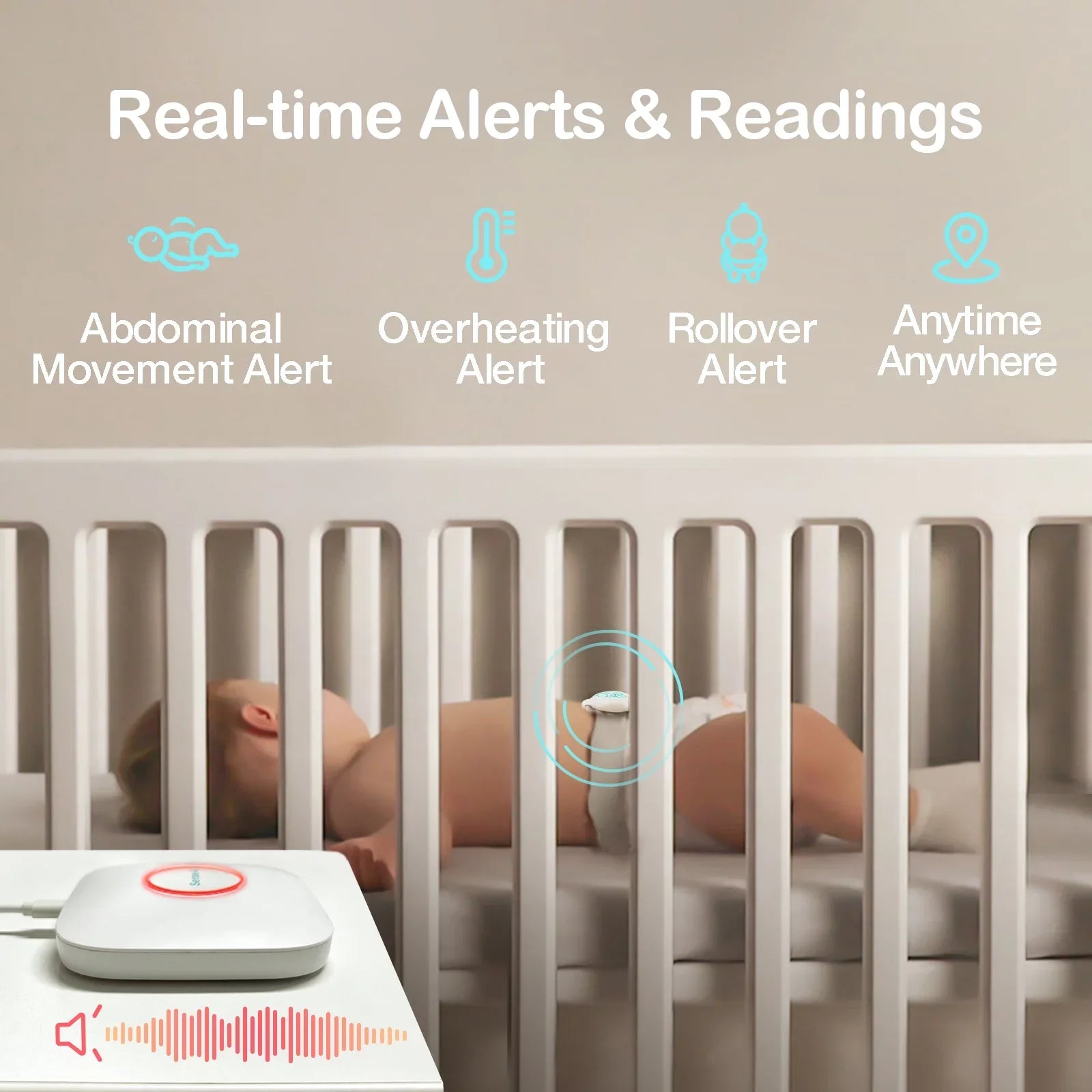 Sense-U Smart Baby Abdominal Movement Monitor - Tracks Baby's Abdominal Movement, Temperature, Rollover, Sleeping Position and Humidity on Smartphone and Base Station - Anytime, Anywhere, Green